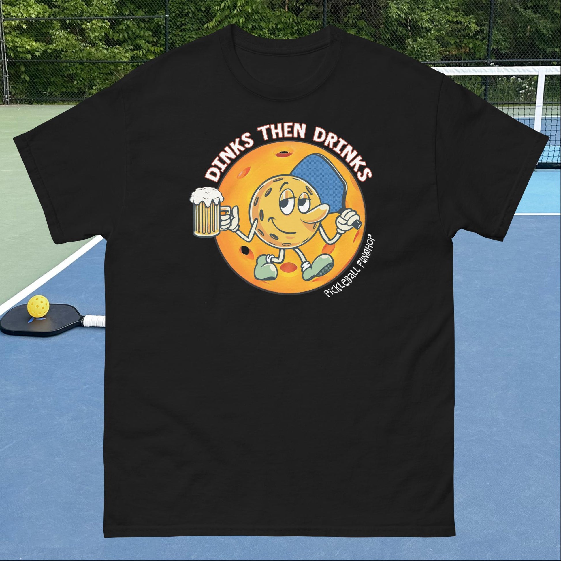 Black Pickleball T-Shirt, Dinks Then Drinks, Front Graphic, Mens Classic Tee