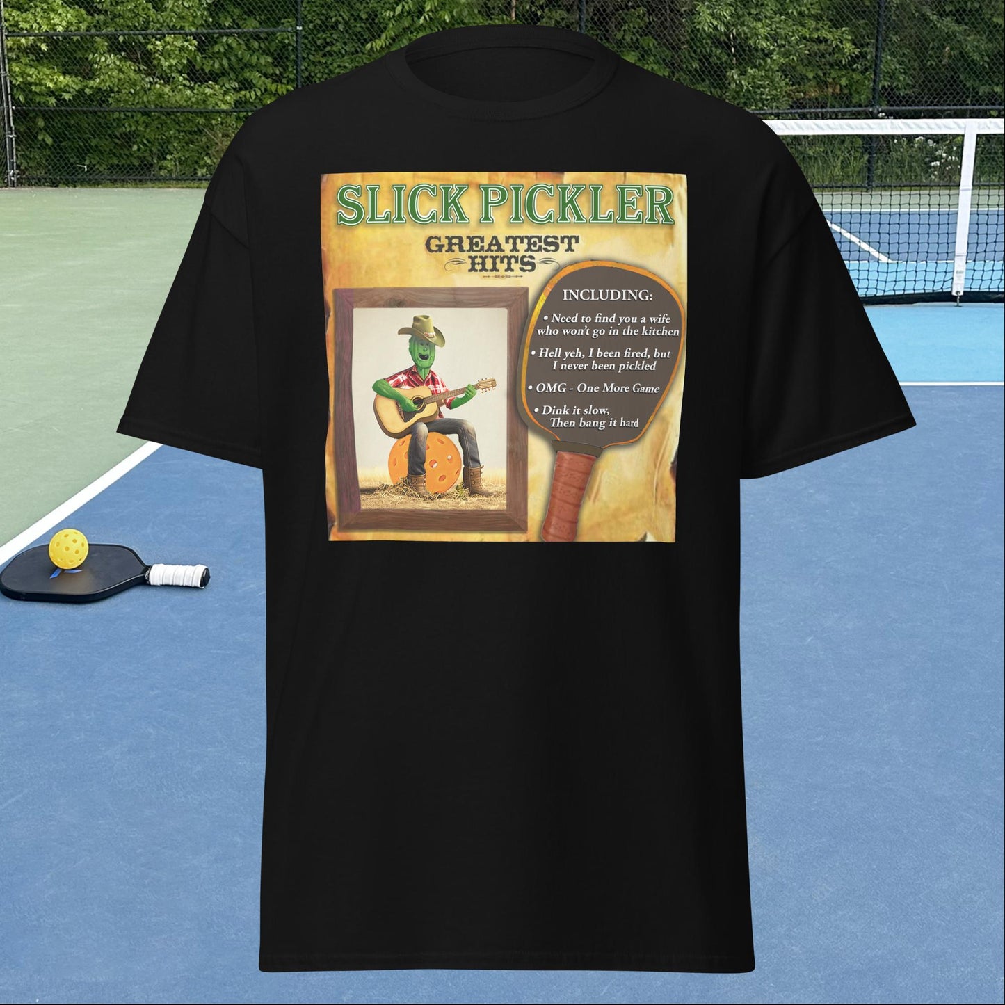 Black Pickleball T-shirt, Slick Pickler Album Cover, Graphic on Front, Men's Classic Tee