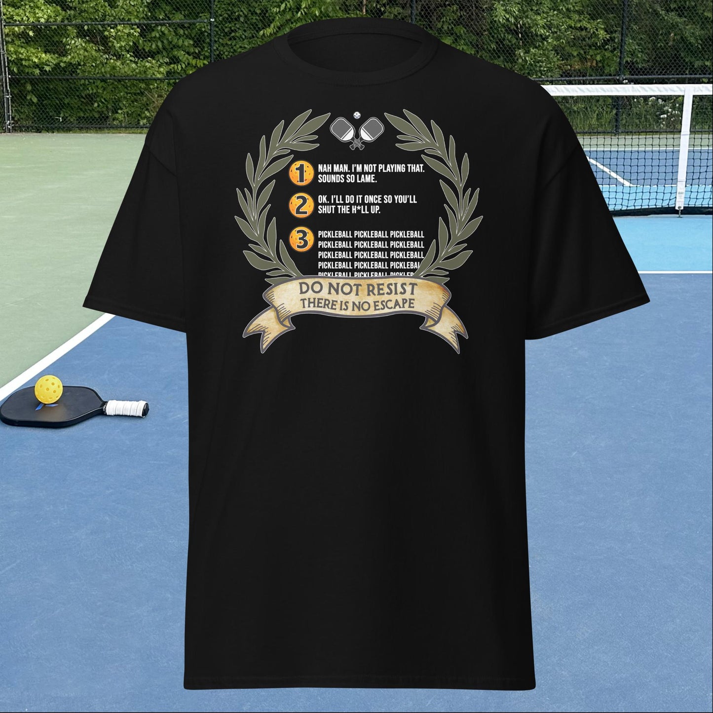 Black Pickleball Shirt with 3 Stages of Pickleball design on front, Men's Classic Tee