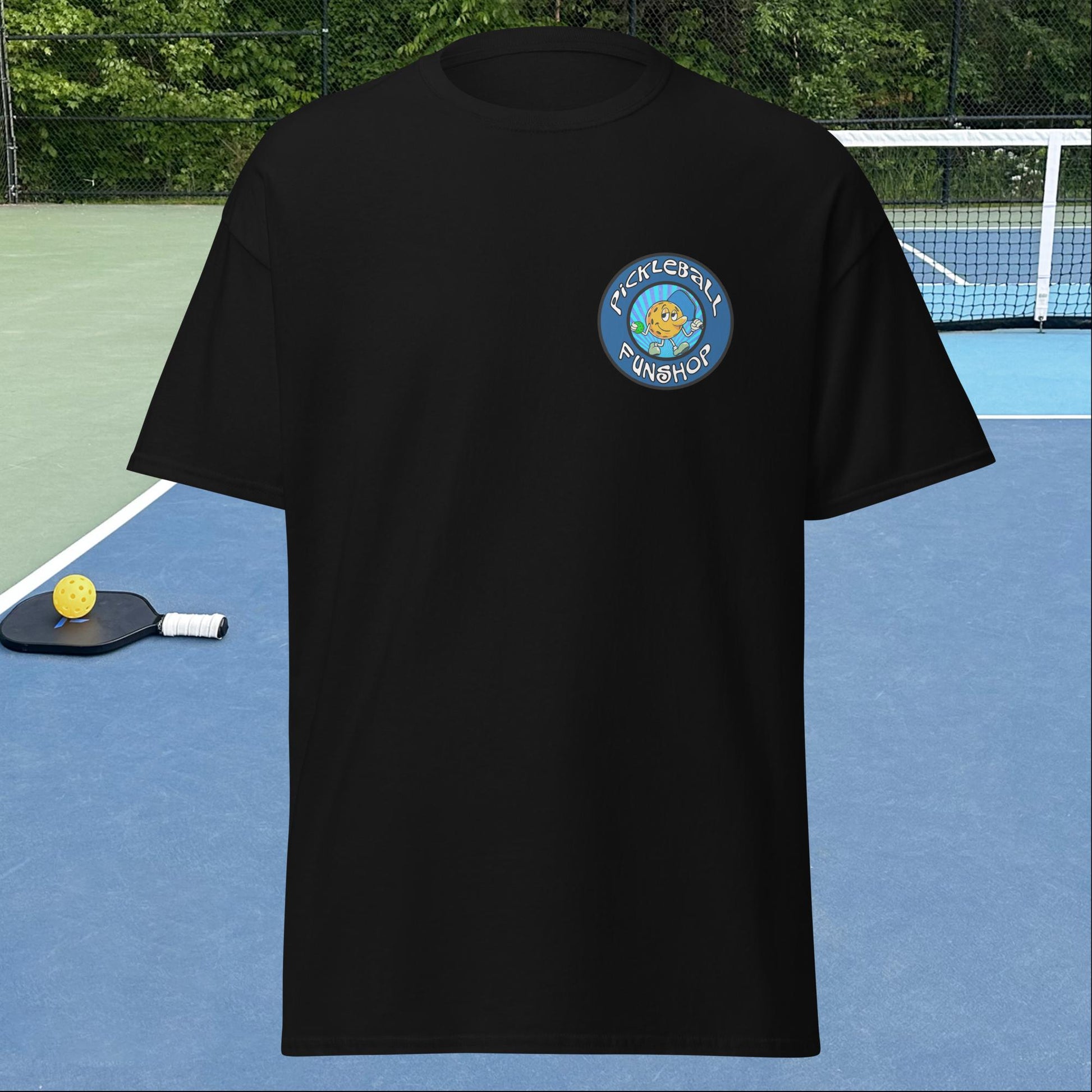 Black Pickleball Shirt with Pickleball FunShop Logo on Left Chest, Men's Classic Tee