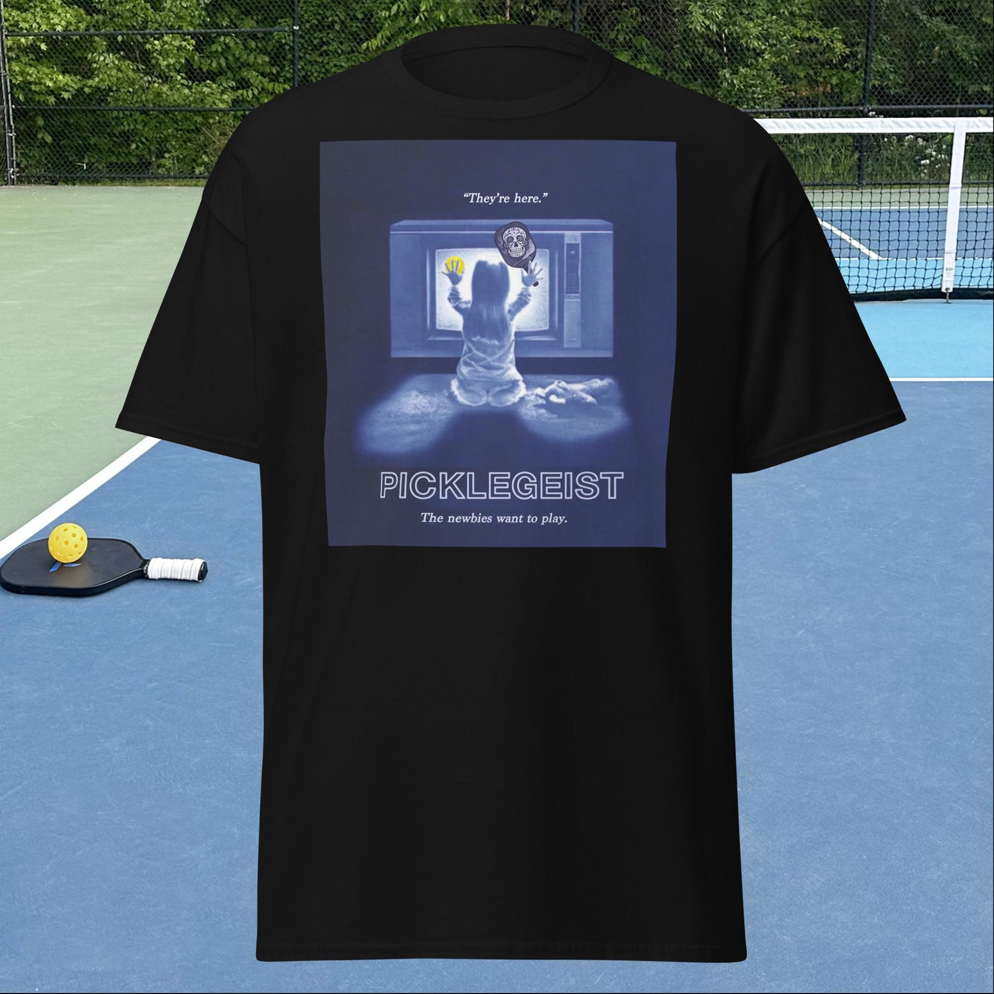 Black Short-sleeve Men's Pickleball Shirt, Picklegeist graphic on front