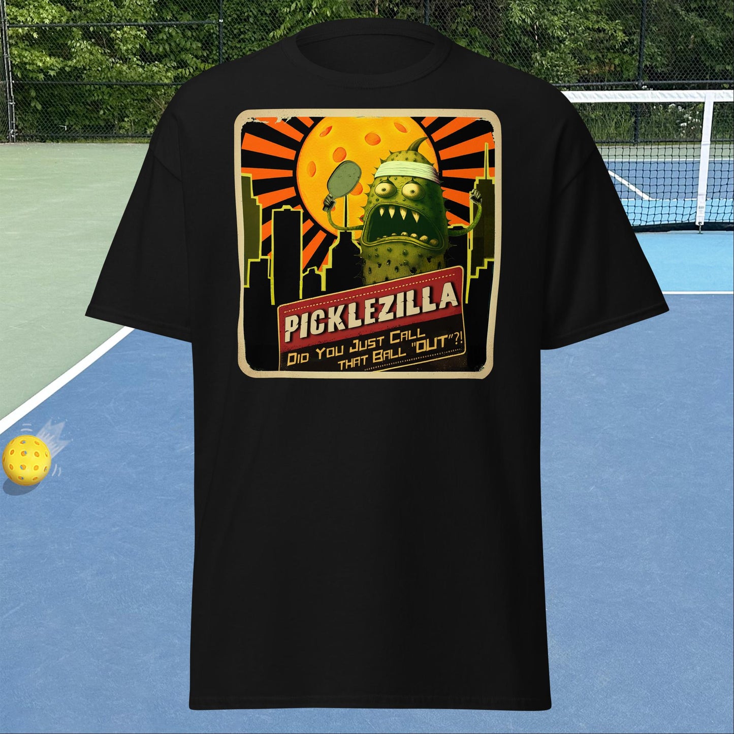 Black short-sleeve Men's pickleball shirt with Picklezilla Out call graphic on front