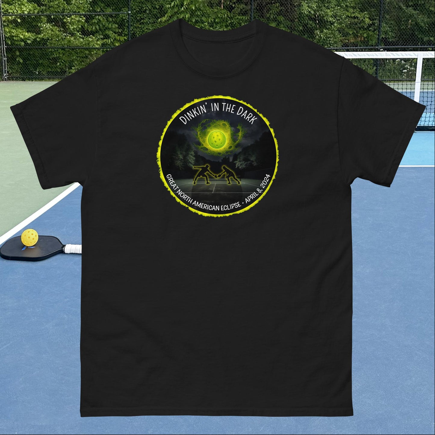 Men's Pickleball T-shirt, Dinkin' In The Dark Eclipse Design, Graphic on Front