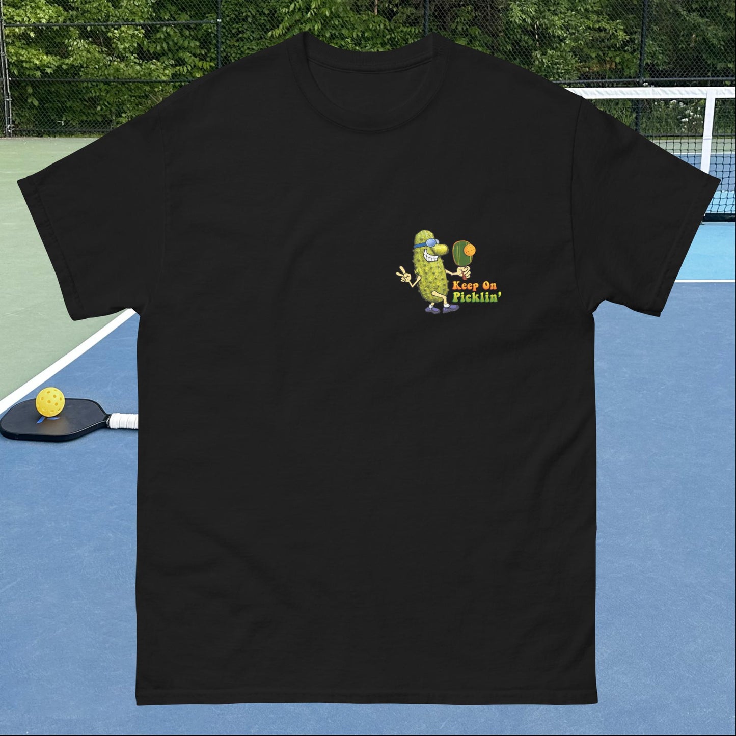 Men's Pickleball T-shirt, Keep On Picklin' Pickledude, Left Chest Graphic, Short-sleeve