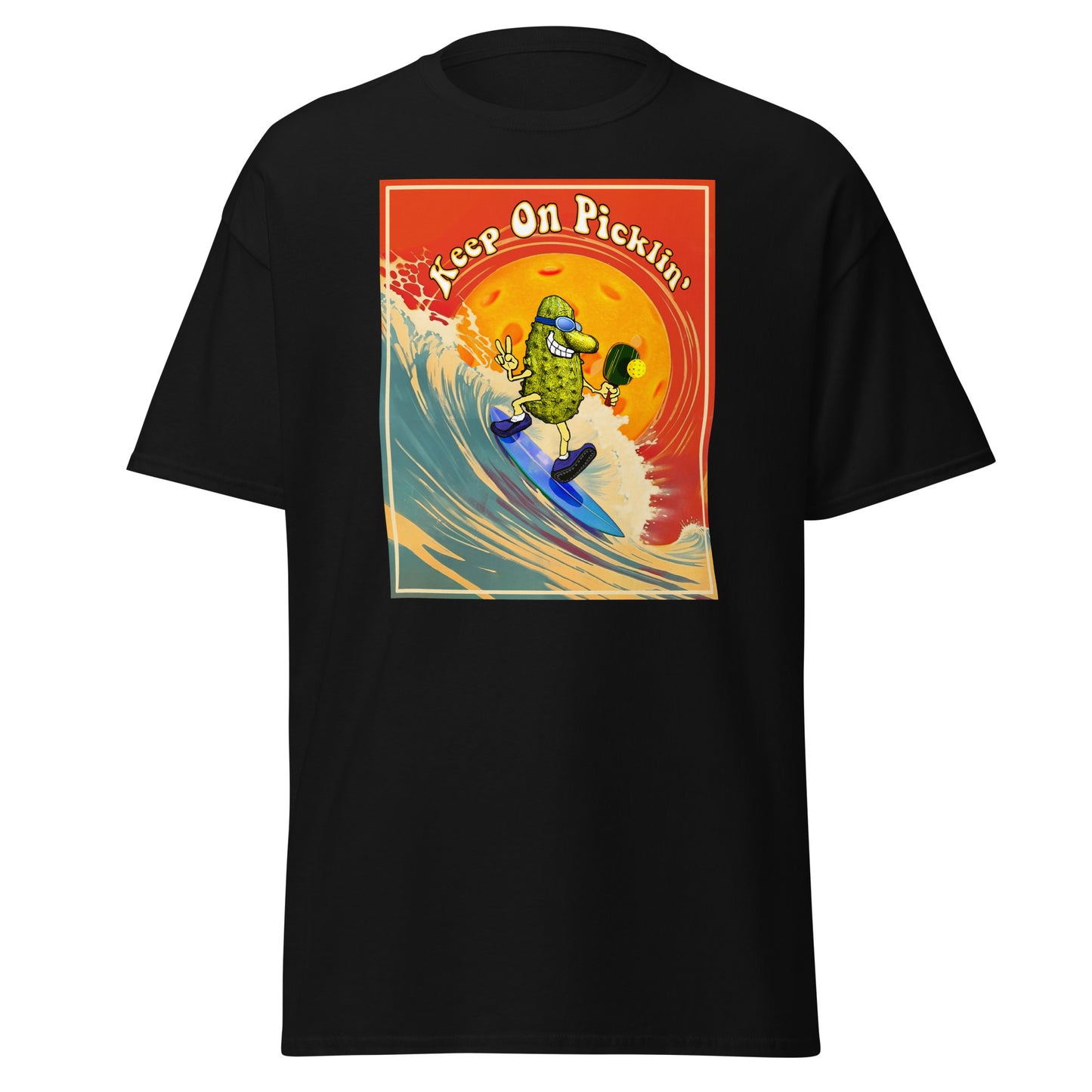 Men's Pickleball T-shirt, Keep On Picklin' Surfer, Front Center Graphic, Short-sleeve