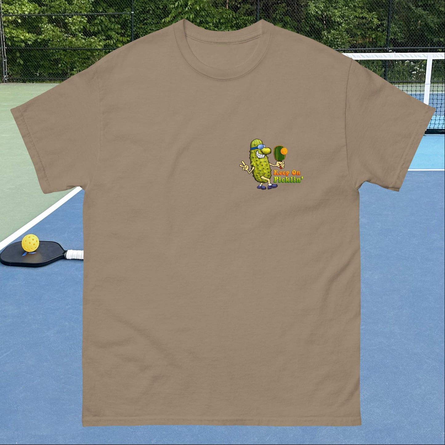 Men's Pickleball T-shirt, Keep On Picklin' Pickledude, Left Chest Graphic, Short-sleeve