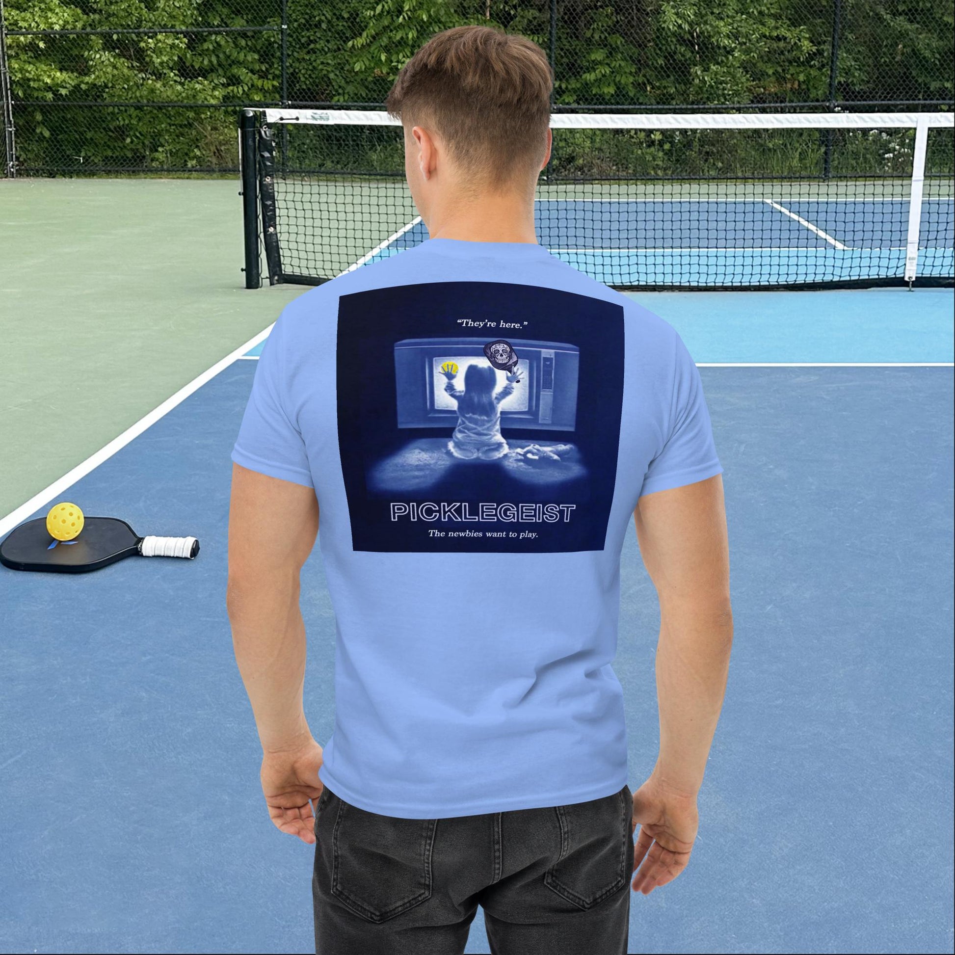 Carolina Blue Short-sleeve Men's Pickleball Shirt, Picklegeist  graphic on back