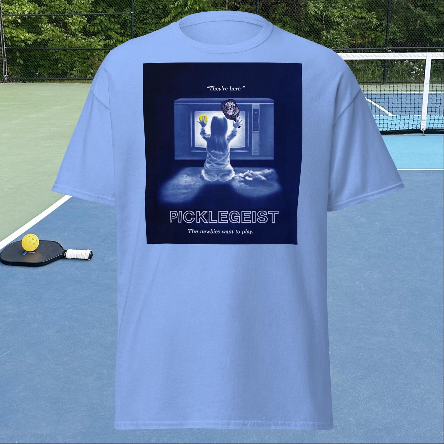 Carolina Blue Short-sleeve Men's Pickleball Shirt, Picklegeist graphic on front