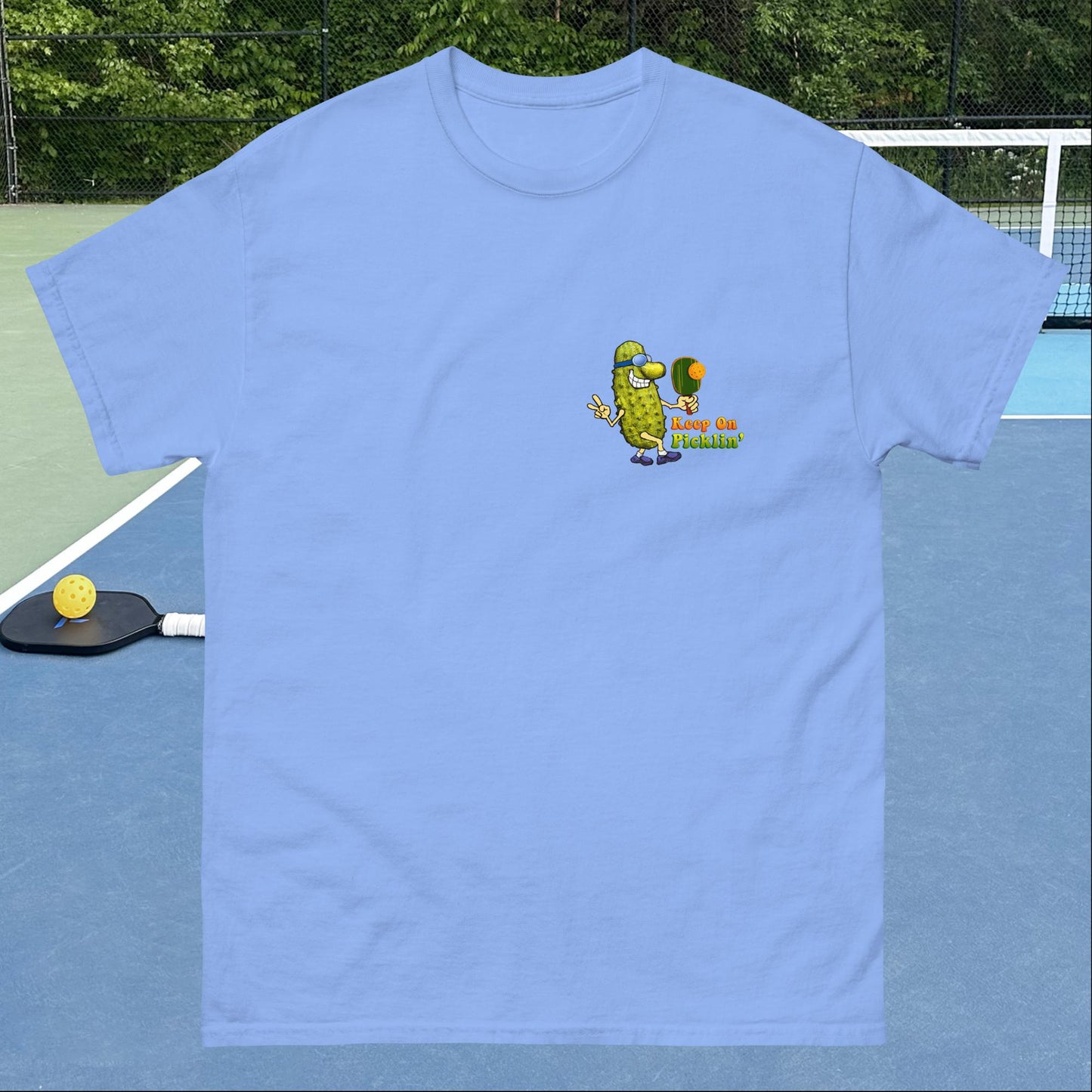 Men's Pickleball T-shirt, Keep On Picklin' Pickledude, Left Chest Graphic, Short-sleeve