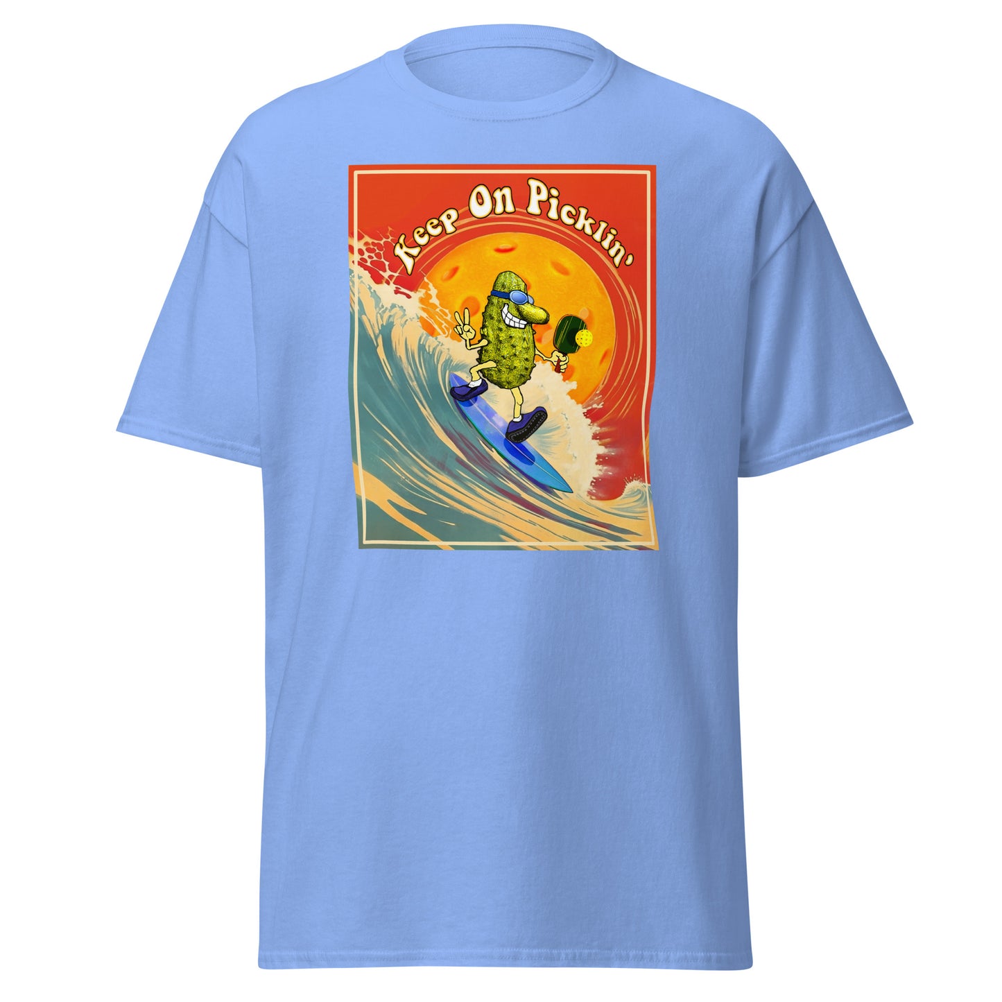 Men's Pickleball T-shirt, Keep On Picklin' Surfer, Front Center Graphic, Short-sleeve