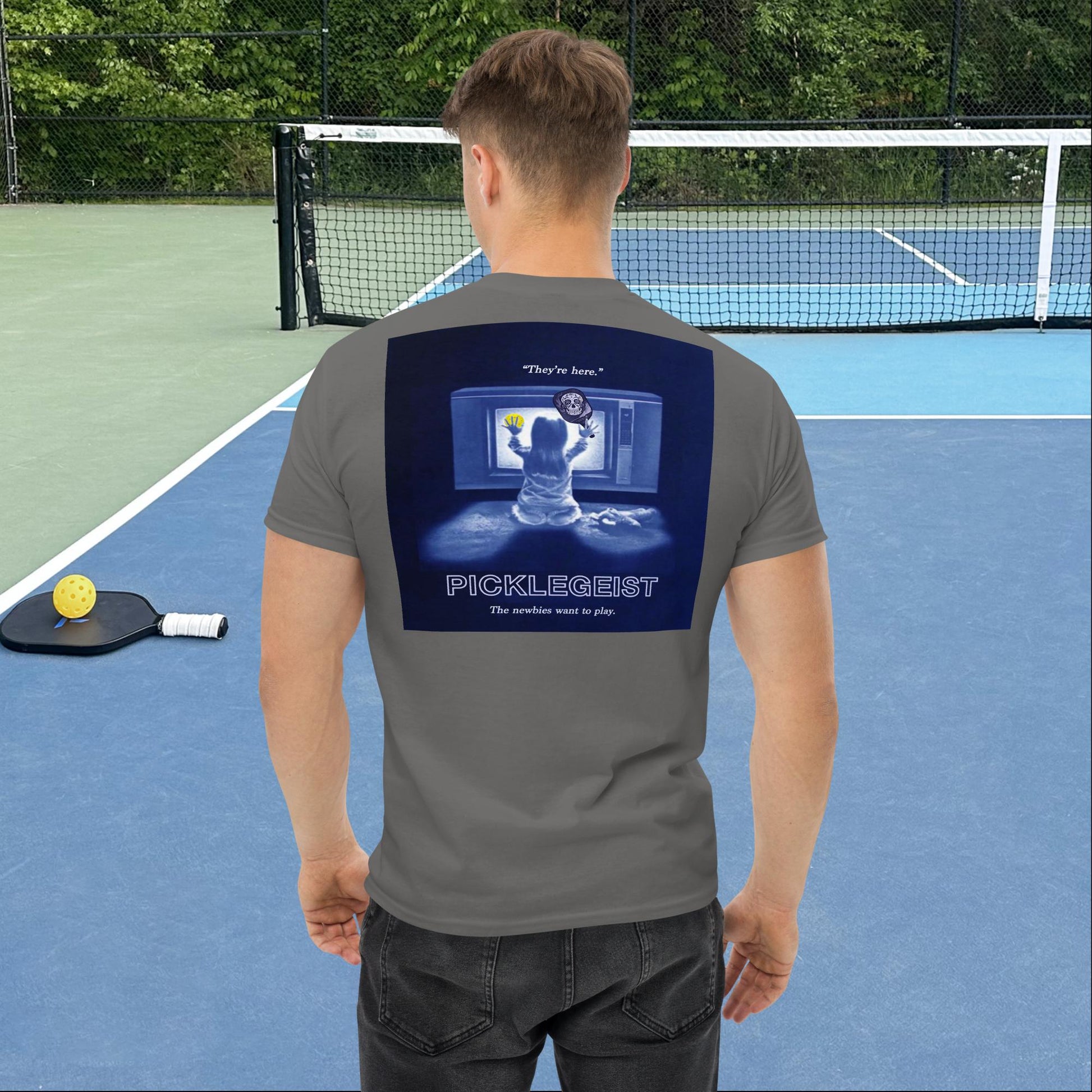 Charcoal Grey Short-sleeve Men's Pickleball Shirt, Picklegeist  graphic on back