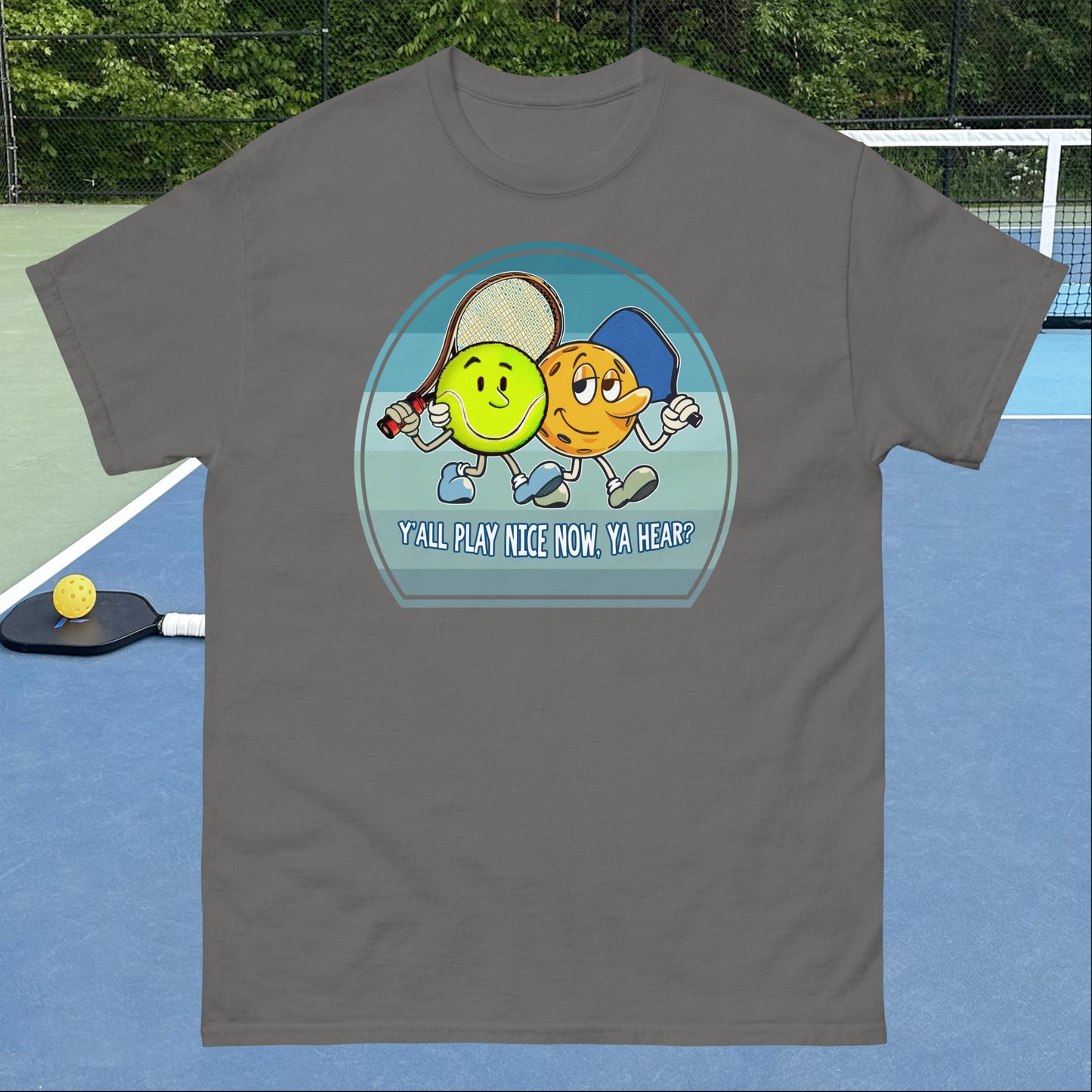 Charcoal Grey Pickleball and Tennis T-Shirt, Play Nice, Men's Classic Tee