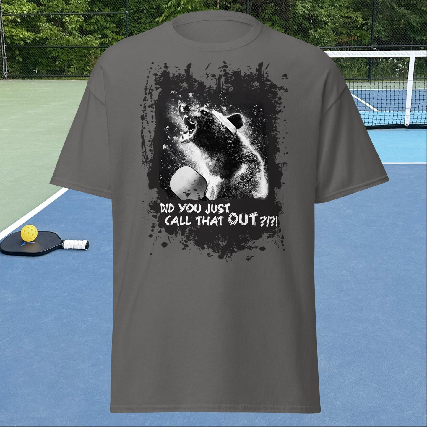 Charcoal Grey Pickleball Shirt, Angry Bear graphic on front, Men's Tee