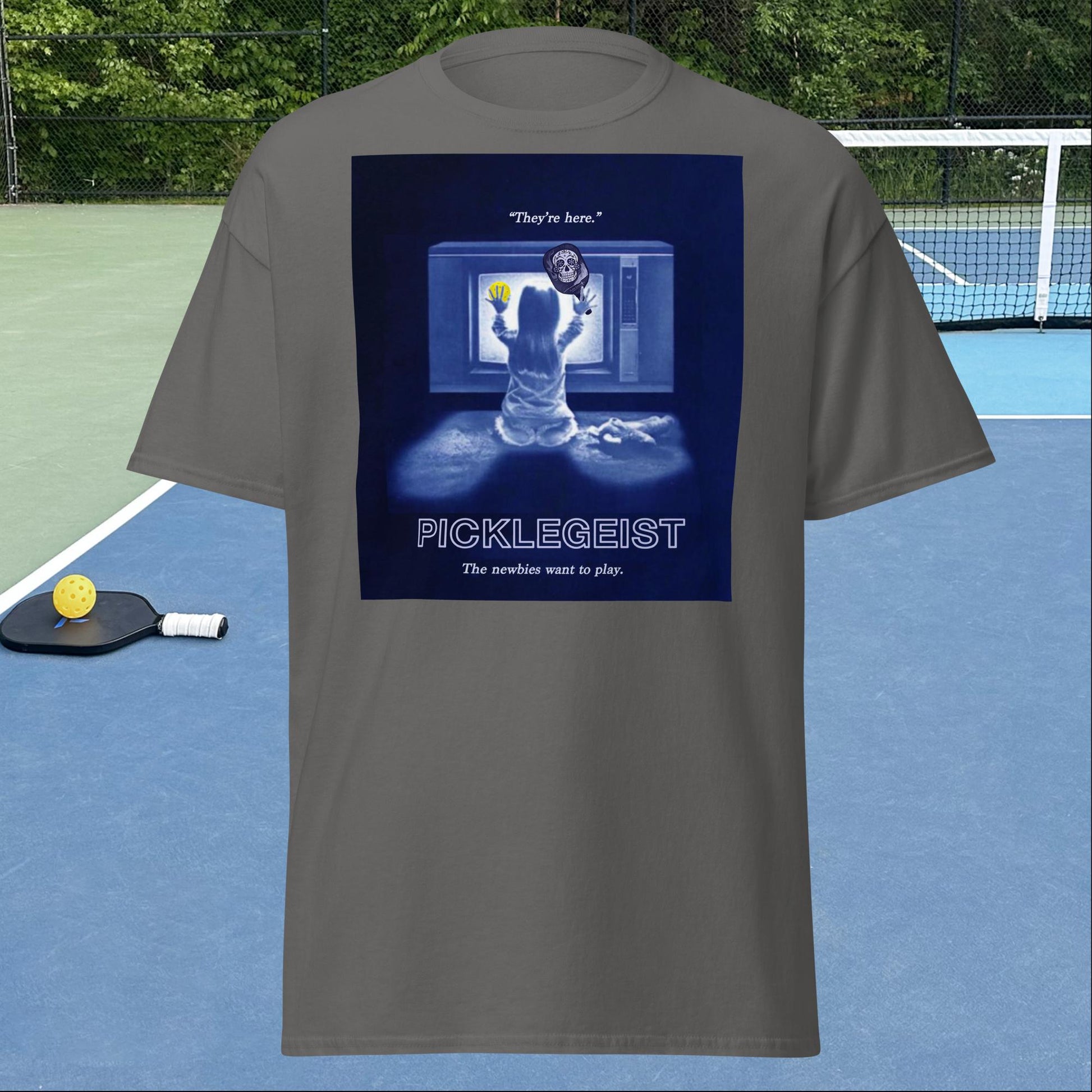 Charcoal Grey Short-sleeve Men's Pickleball Shirt, Picklegeist graphic on front