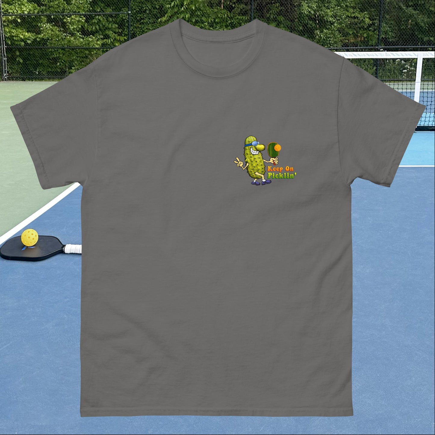 Men's Pickleball T-shirt, Keep On Picklin' Pickledude, Left Chest Graphic, Short-sleeve