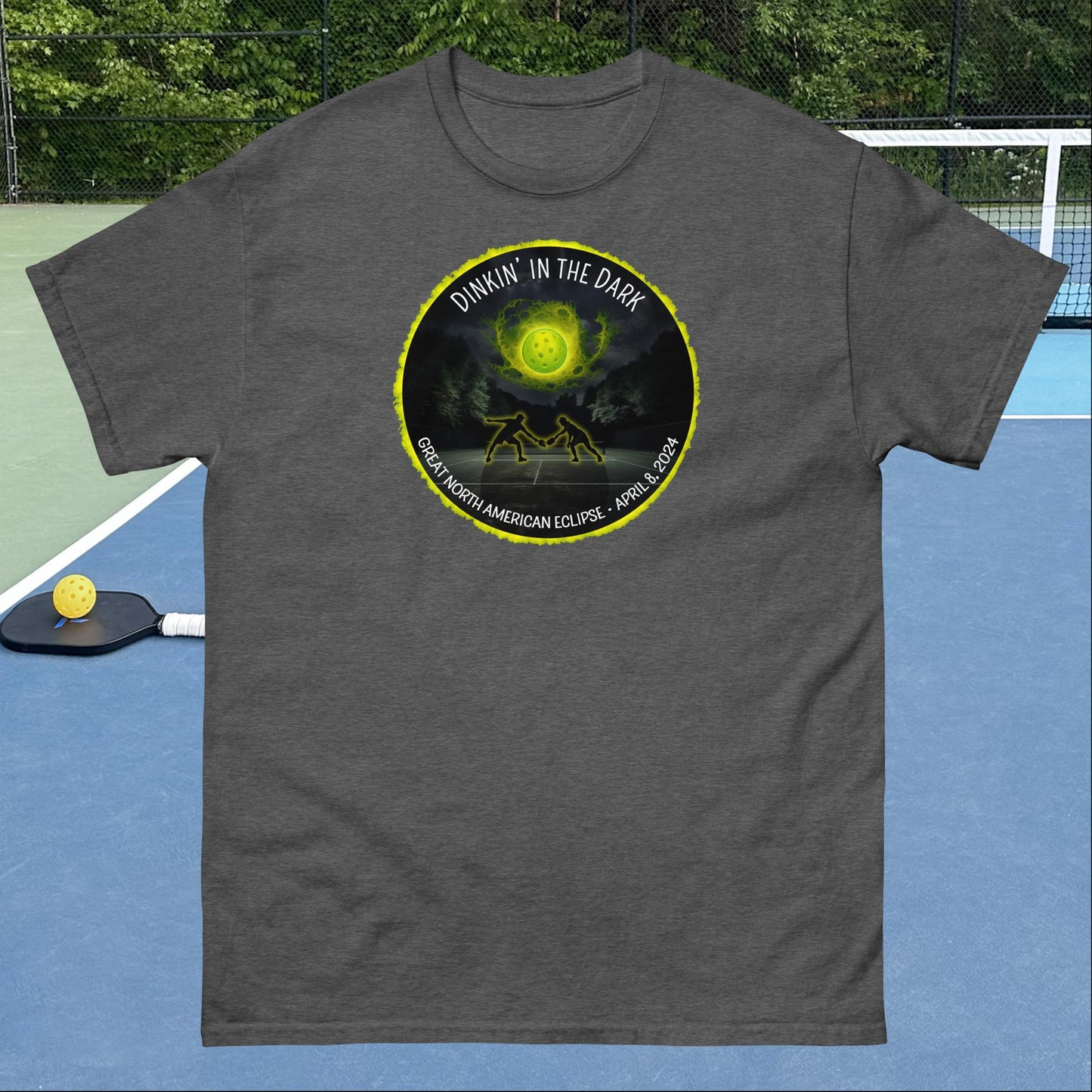 Men's Pickleball T-shirt, Dinkin' In The Dark Eclipse Design, Graphic on Front