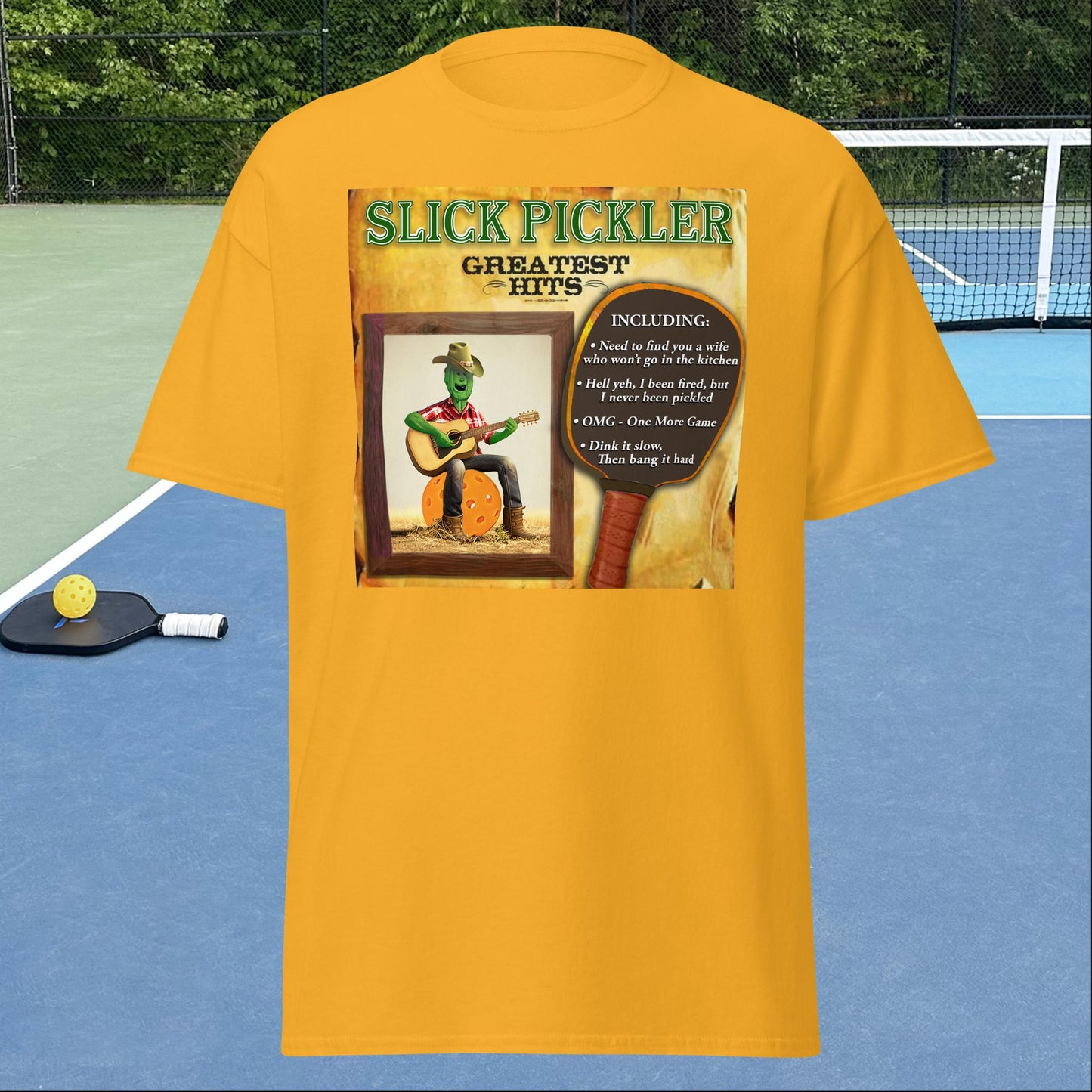 Gold Pickleball T-shirt, Slick Pickler Album Cover, Graphic on Front, Men's Classic Tee