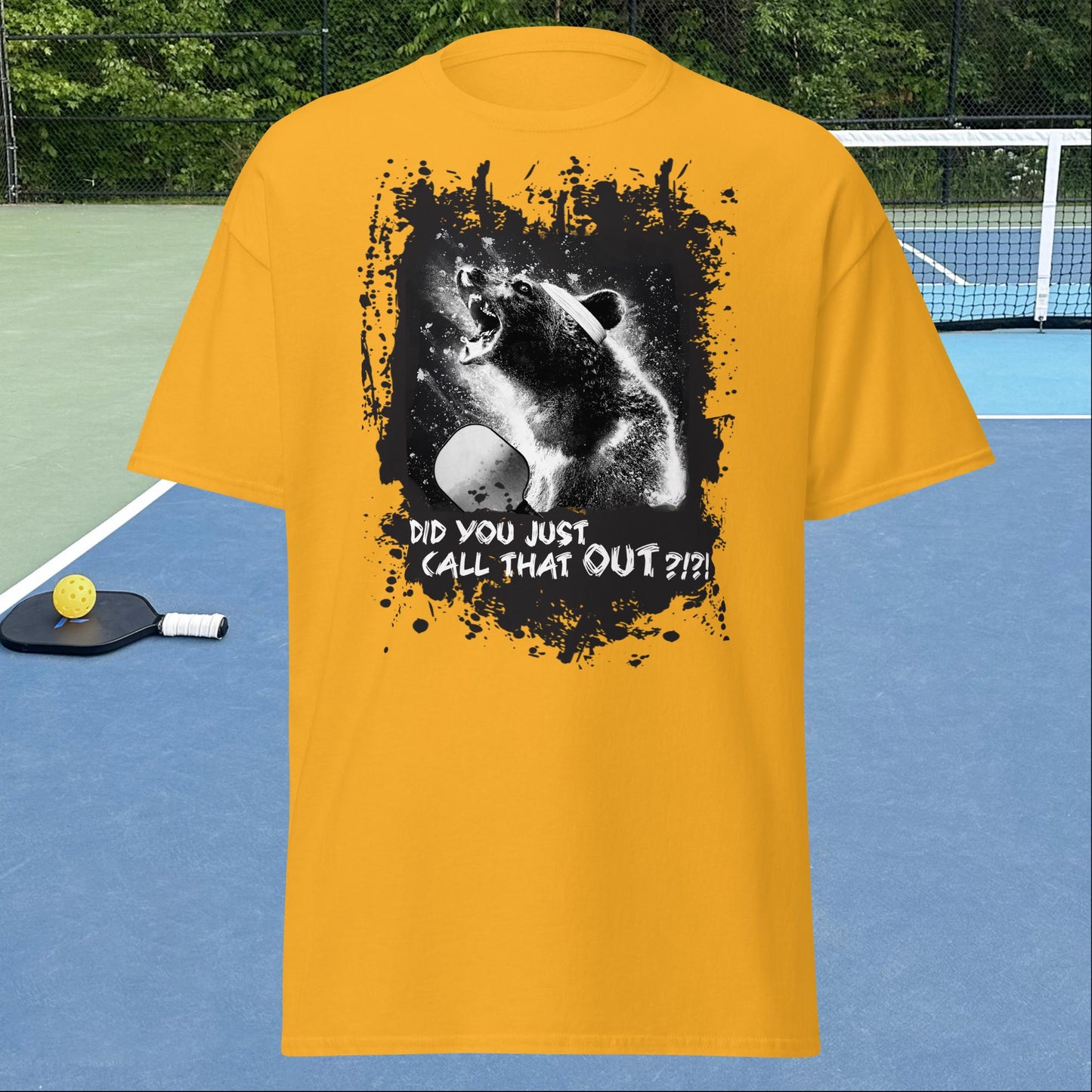 Gold Pickleball Shirt, Angry Bear graphic on front, Men's Tee