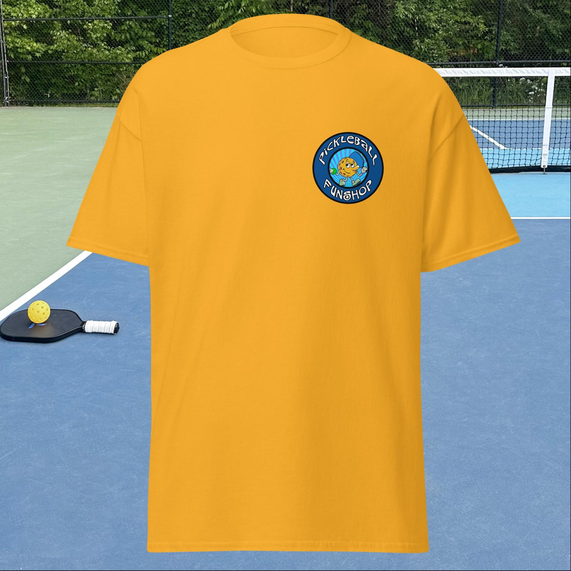 Gold Pickleball Shirt with Pickleball FunShop Logo on Left Chest, Men's Classic Tee