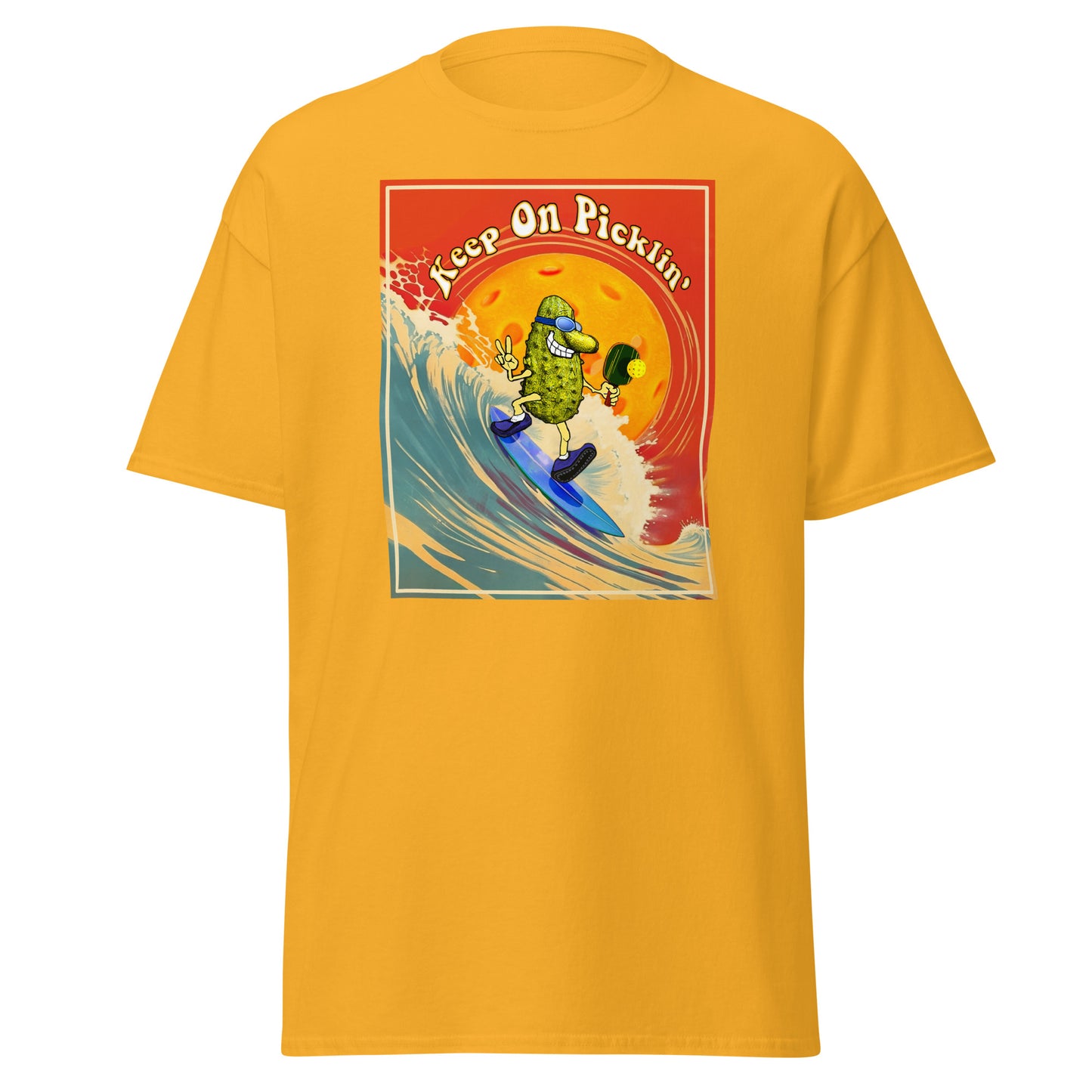 Men's Pickleball T-shirt, Keep On Picklin' Surfer, Front Center Graphic, Short-sleeve