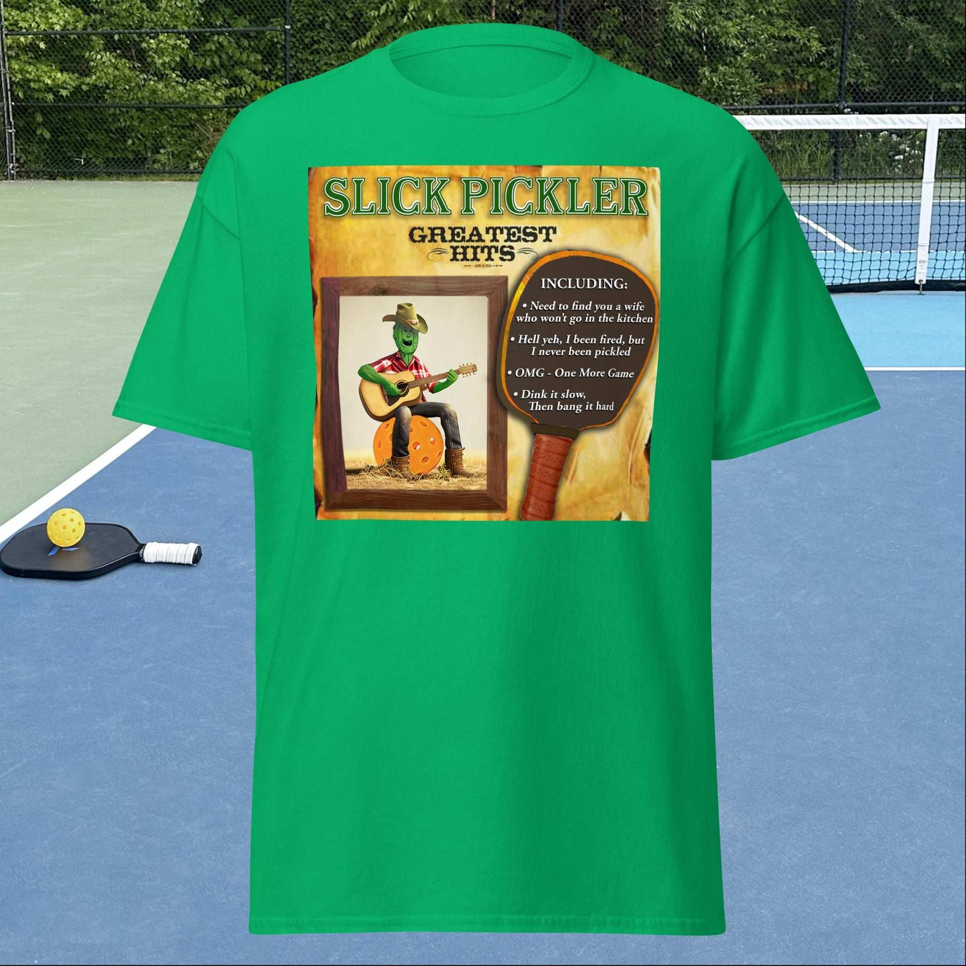 Green Pickleball T-shirt, Slick Pickler Album Cover, Graphic on Front, Men's Classic Tee