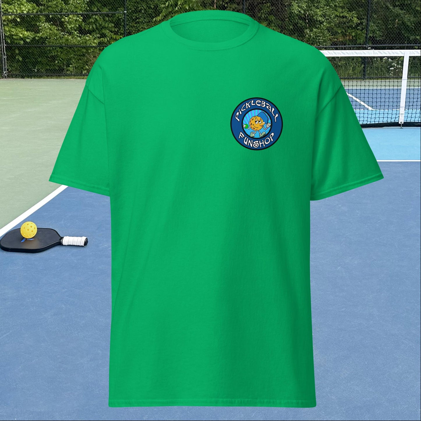 Irish Green Pickleball Shirt with Pickleball FunShop Logo on Left Chest, Men's Classic Tee