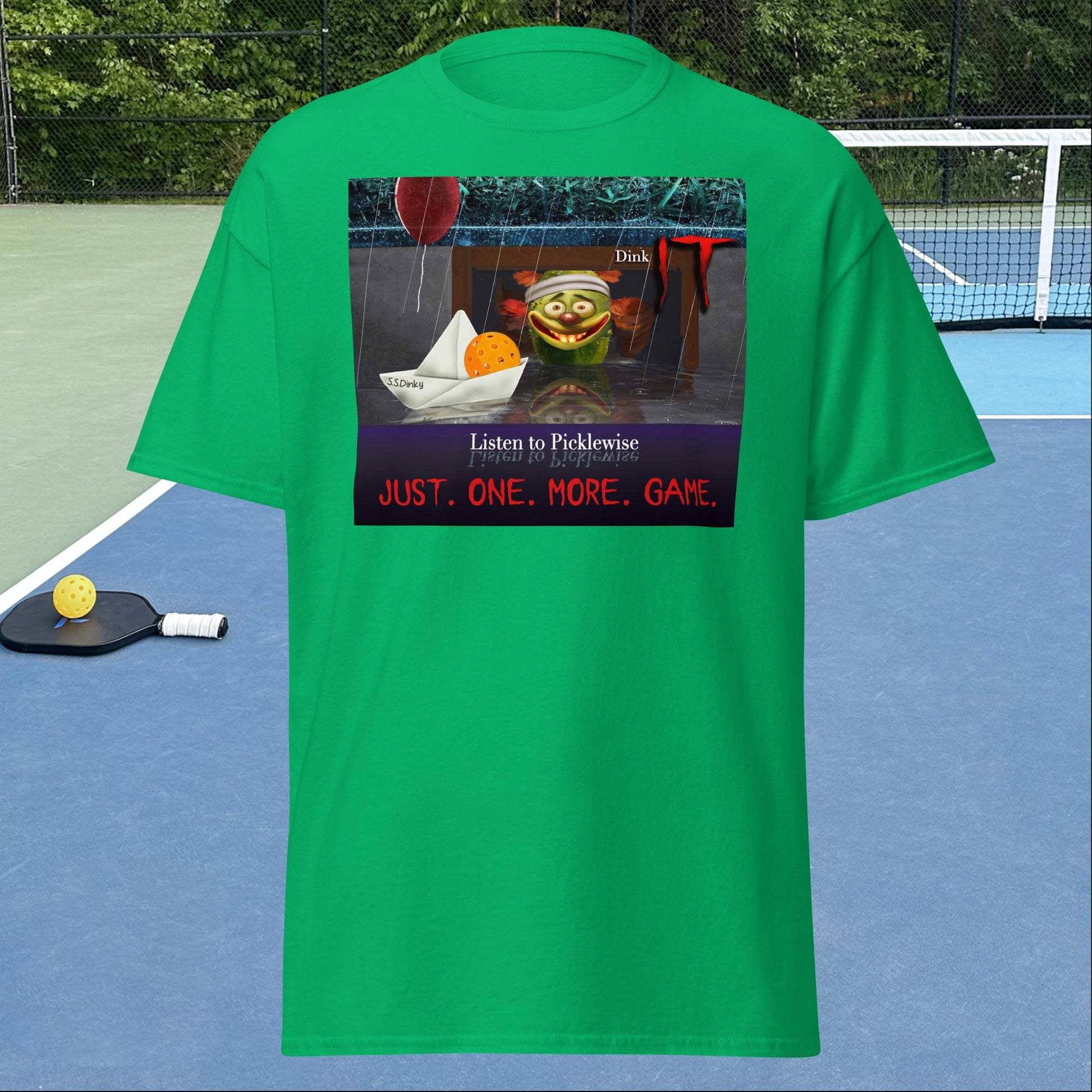 Irish Green Pickleball Shirt, Men's Short-Sleeve, Listen to Picklewise, Dink It, Graphic on Front