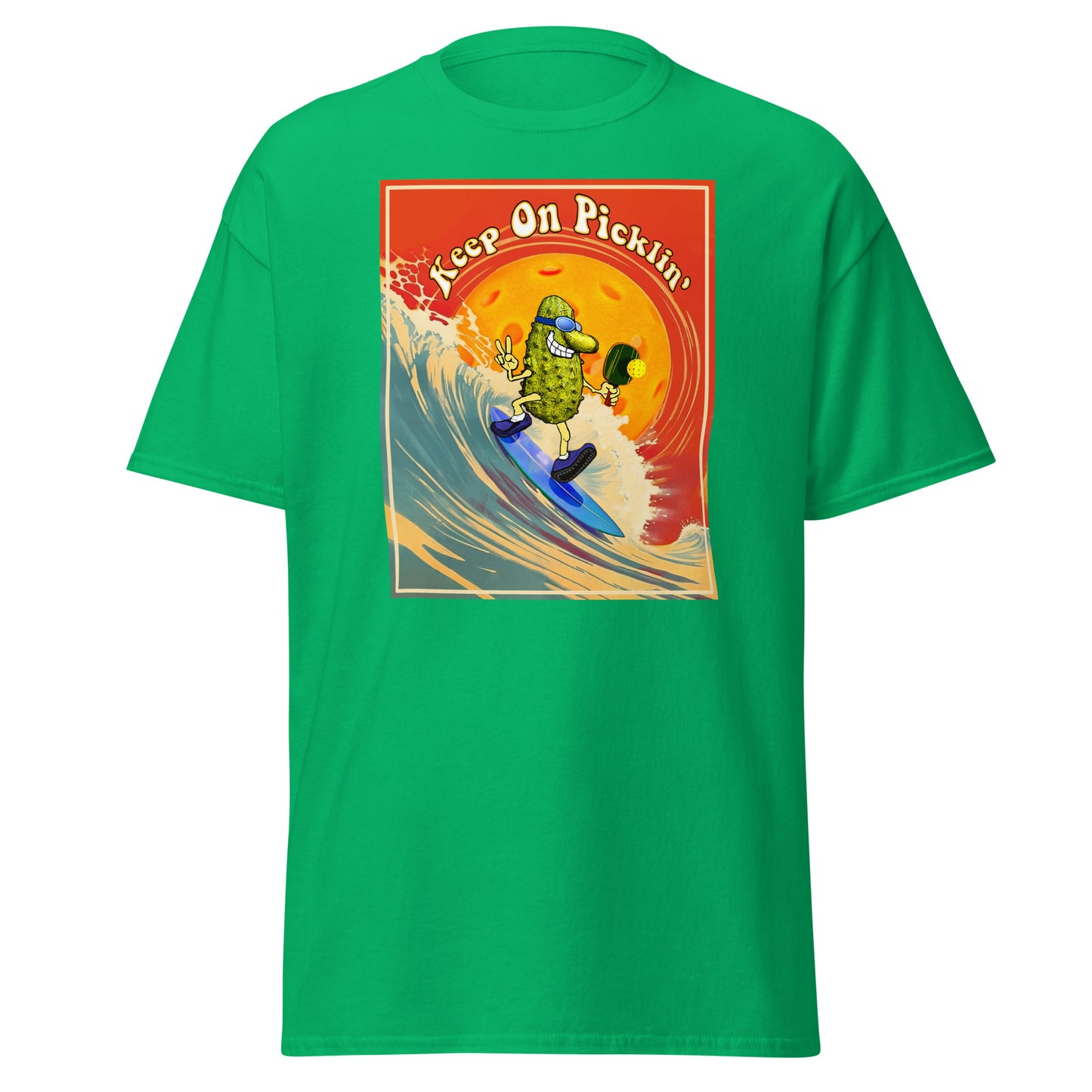 Men's Pickleball T-shirt, Keep On Picklin' Surfer, Front Center Graphic, Short-sleeve