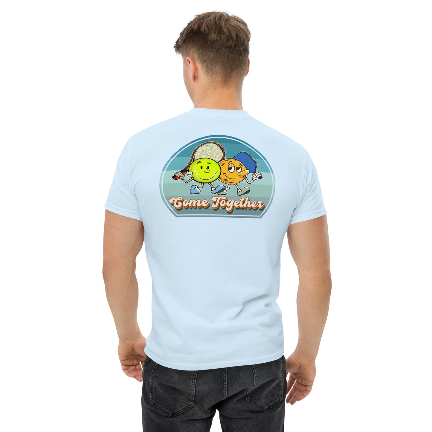 Light Blue Pickleball and Tennis T-shirt, Come Together, Graphic on Back, Men's Classic Cotton Tee