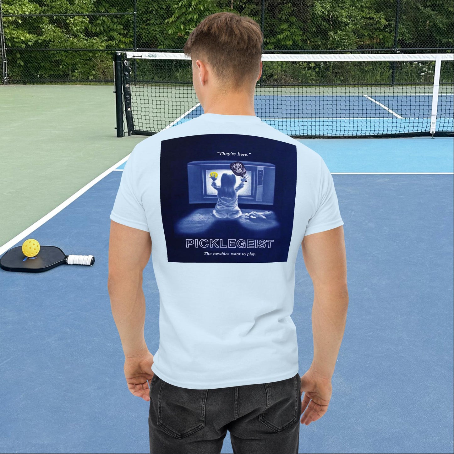 Light Blue Short-sleeve Men's Pickleball Shirt, Picklegeist  graphic on back