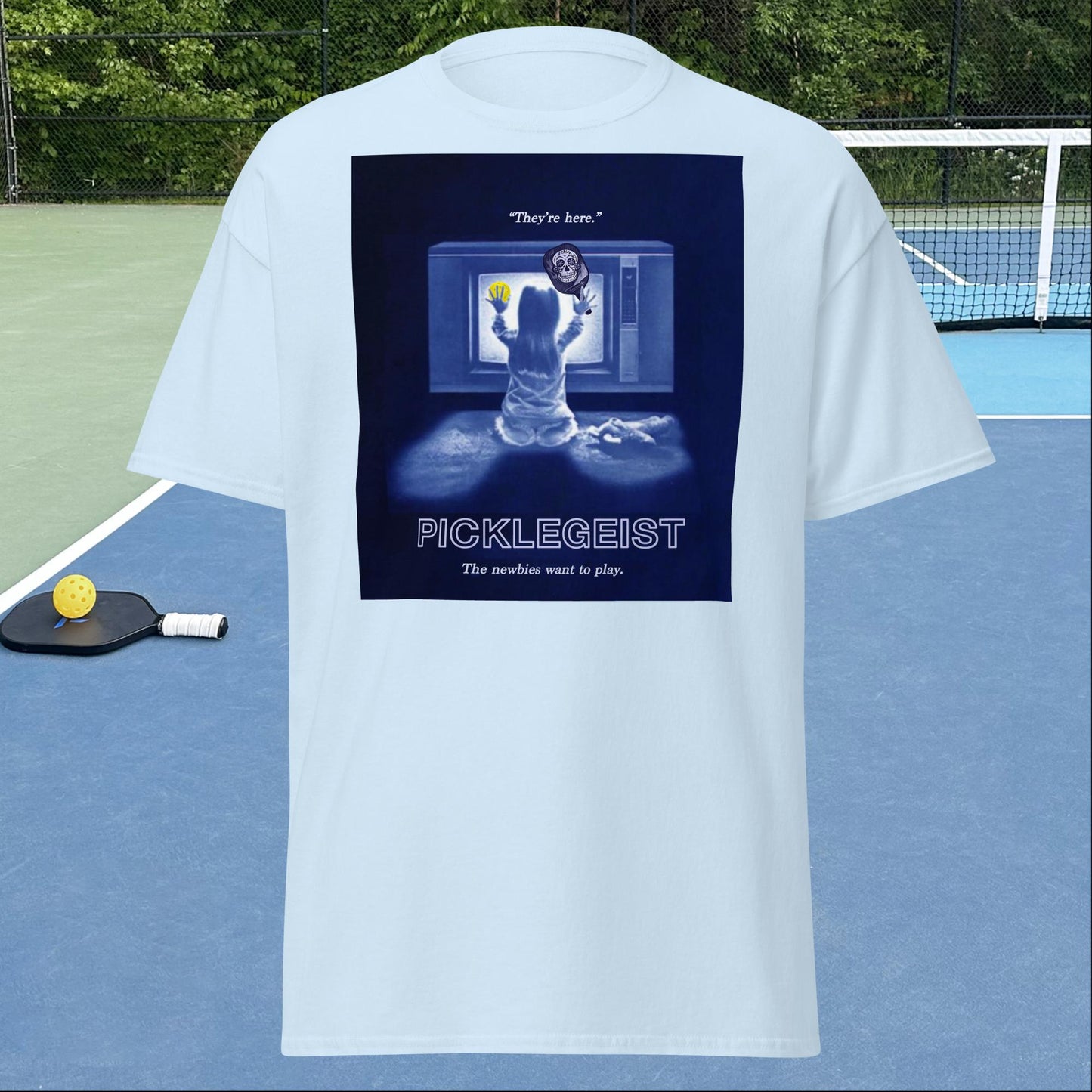 Light Blue Short-sleeve Men's Pickleball Shirt, Picklegeist graphic on front