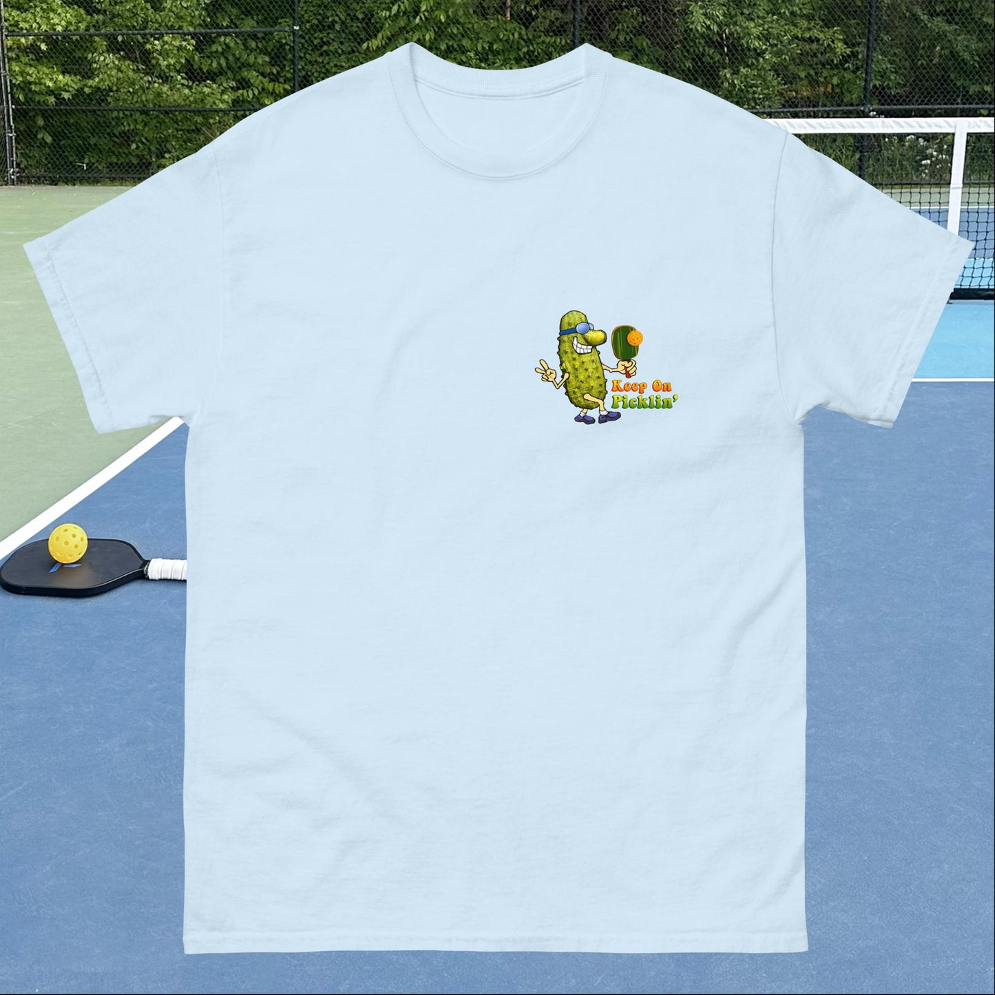 Men's Pickleball T-shirt, Keep On Picklin' Pickledude, Left Chest Graphic, Short-sleeve