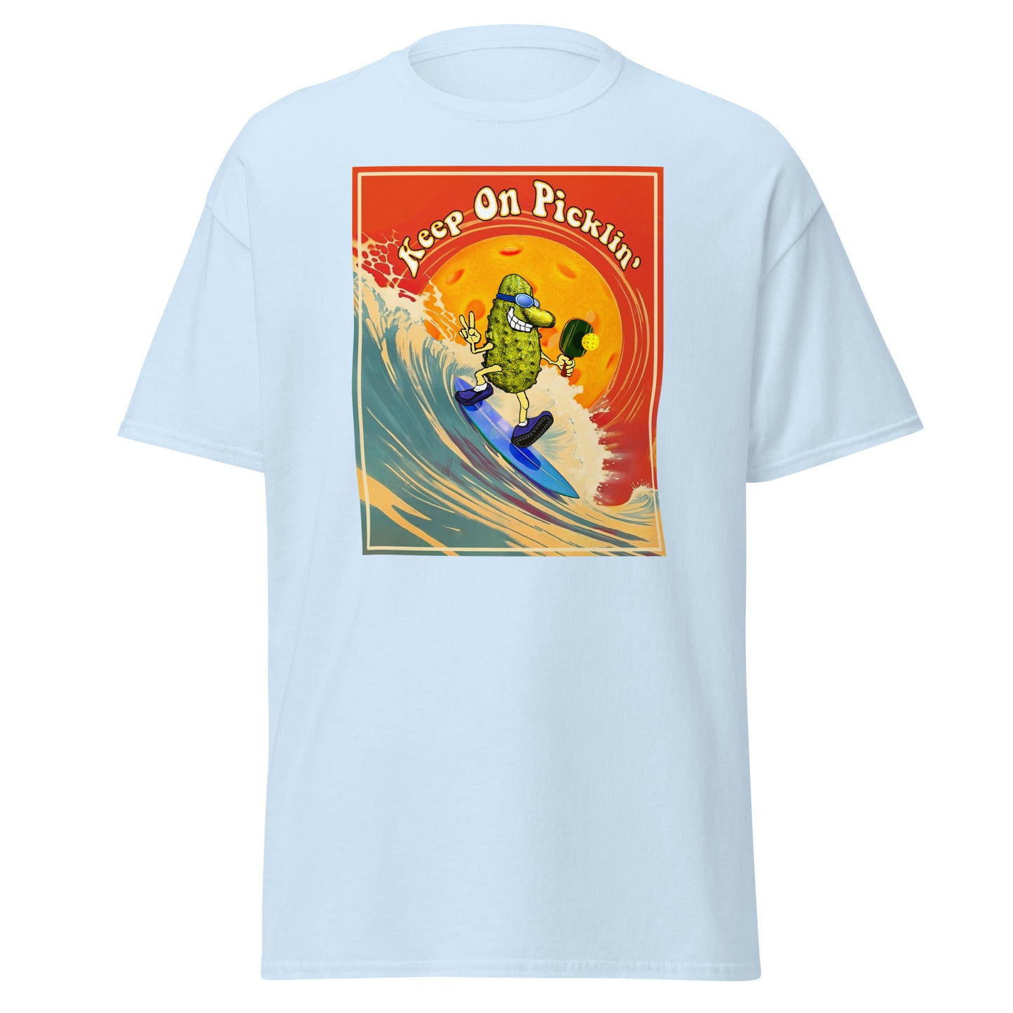 Men's Pickleball T-shirt, Keep On Picklin' Surfer, Front Center Graphic, Short-sleeve