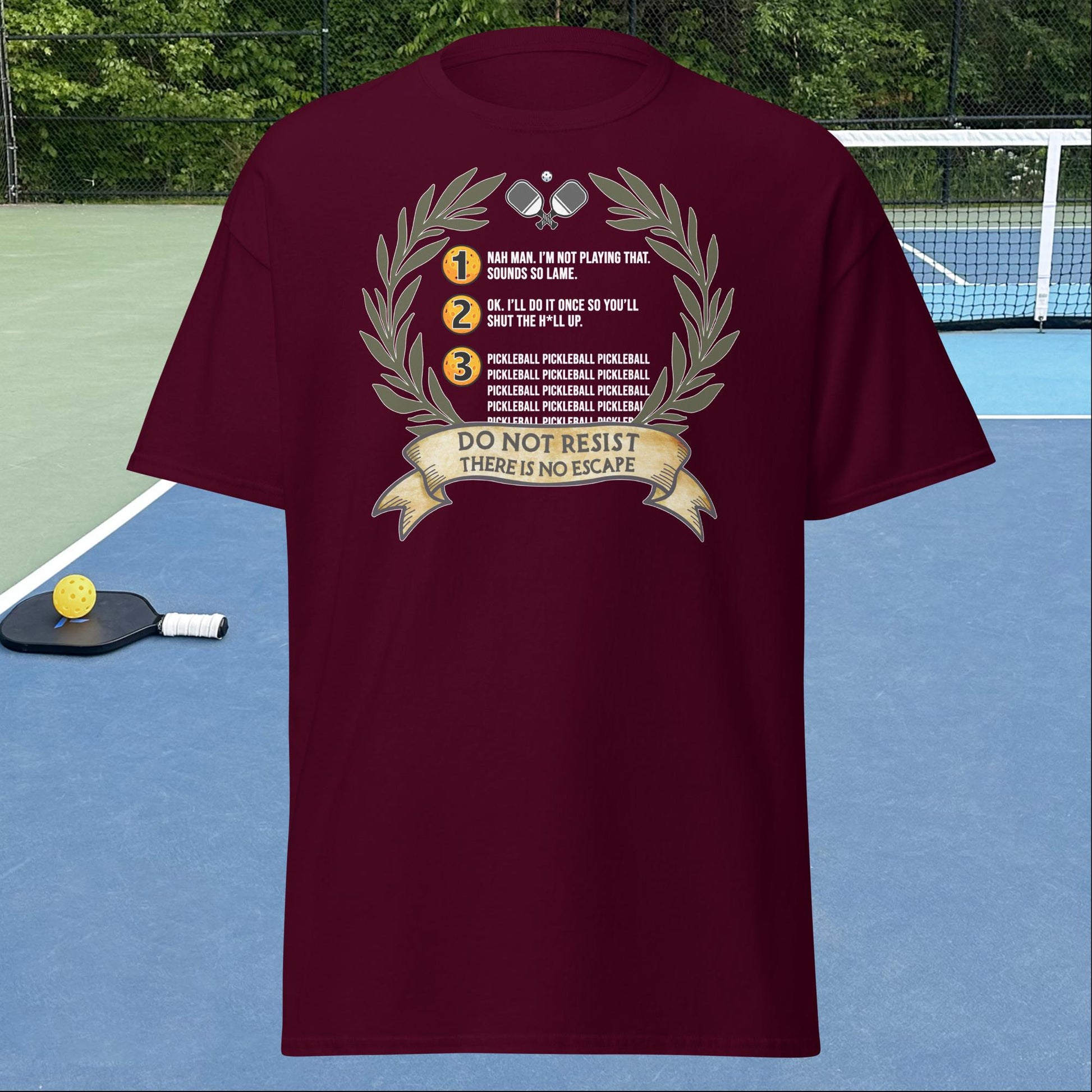 Maroon Pickleball Shirt with 3 Stages of Pickleball design on front, Men's Classic Tee