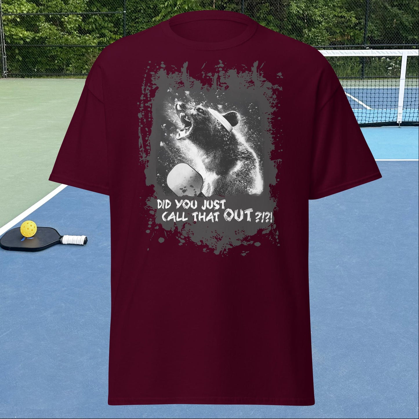 Maroon Pickleball Shirt, Angry Bear graphic on front, Men's Tee