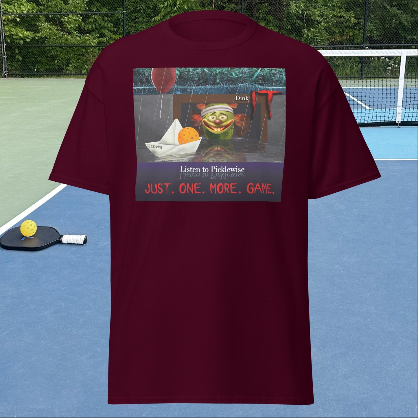 Maroon Pickleball Shirt, Men's Short-Sleeve, Listen to Picklewise, Dink It, Graphic on Front