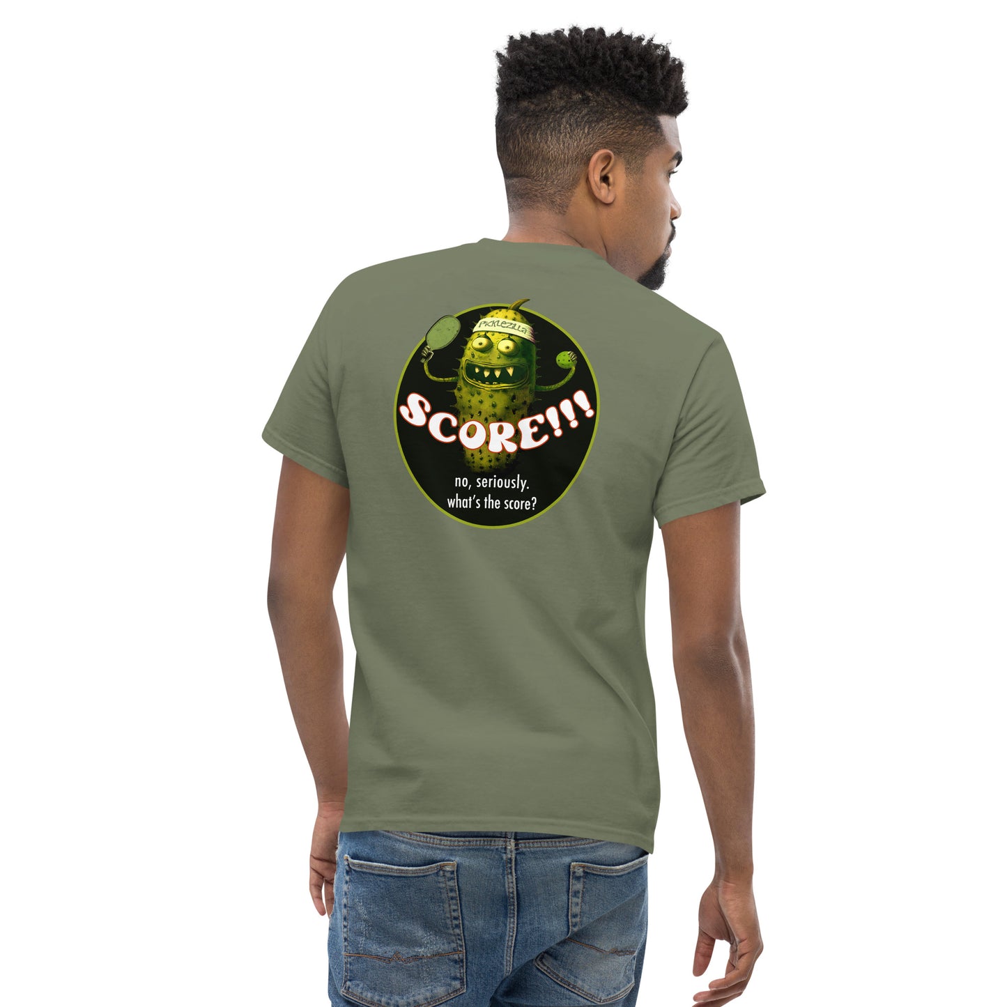 Military Green Pickleball T-shirt, Picklezilla Score, Graphic on Back, Men's Classic Tee