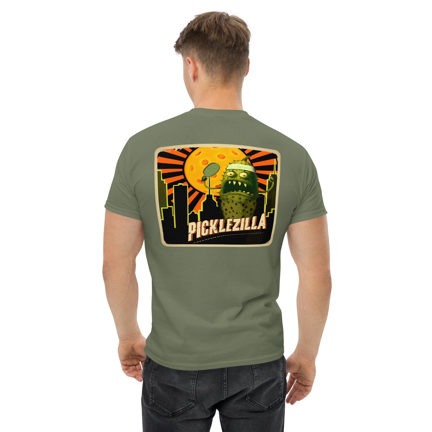 Military Green Pickleball T-Shirt, Picklezilla, Graphic on Back, Men's Classic Tee