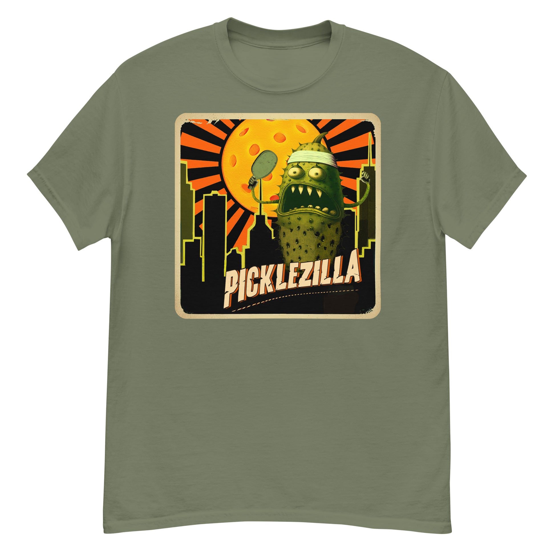 Military Green Mens Pickleball T-shirt Picklezilla Design Cotton