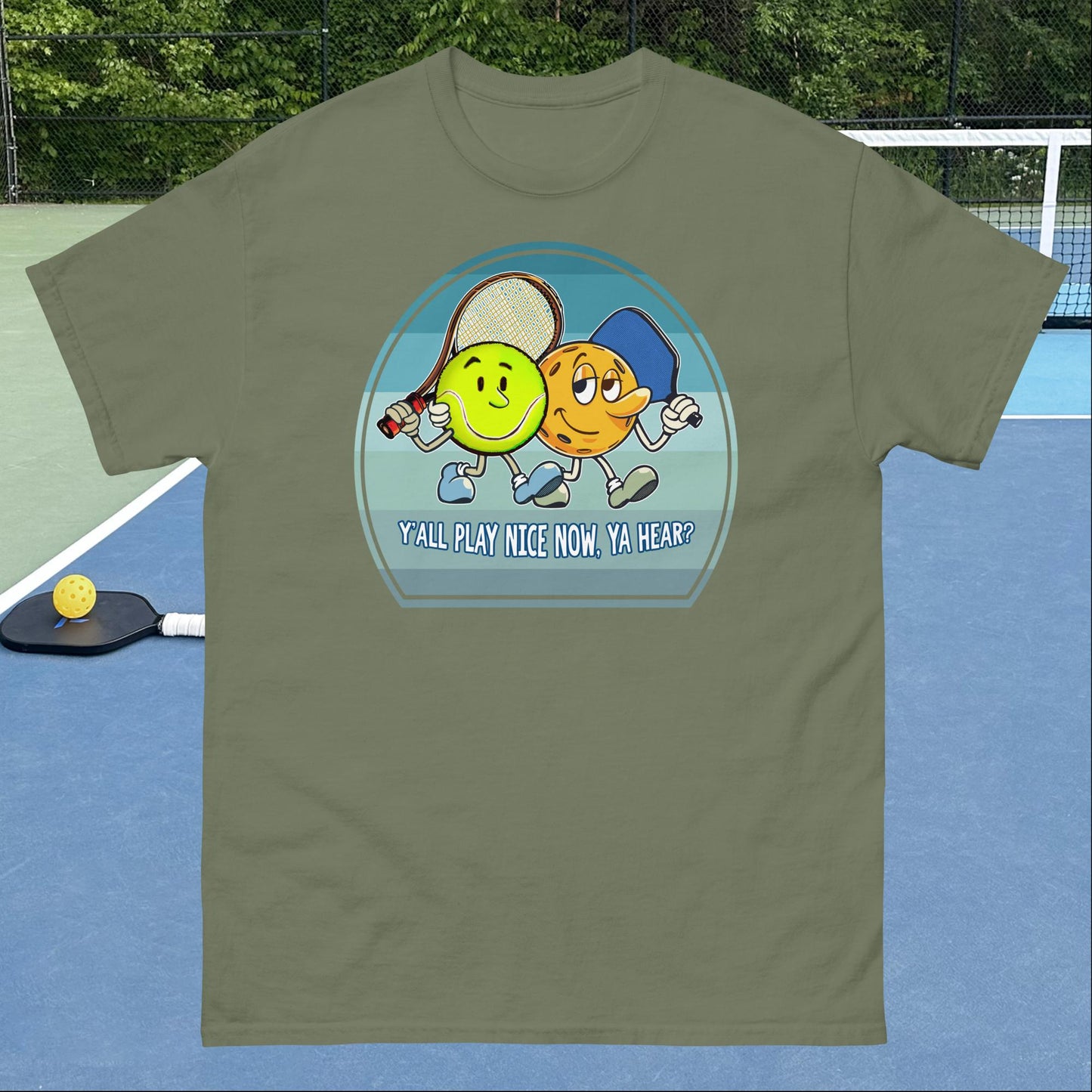 Military Green Pickleball and Tennis T-Shirt, Play Nice, Men's Classic Tee