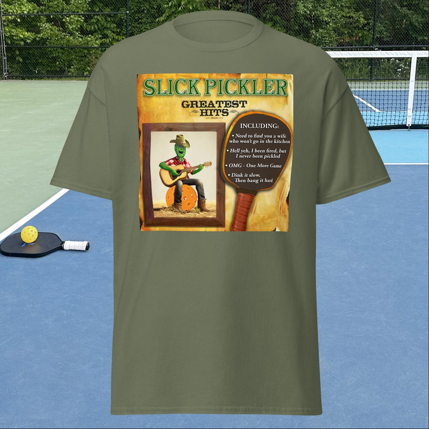 Military Green Pickleball T-shirt, Slick Pickler Album Cover, Graphic on Front, Men's Classic Tee