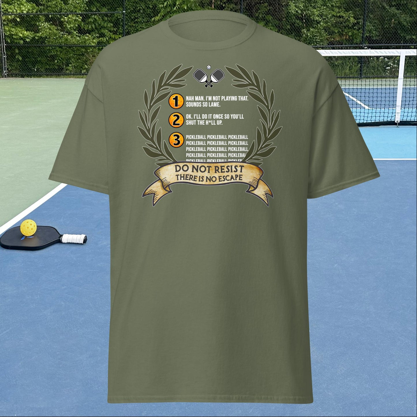 Military Green Pickleball Shirt with 3 Stages of Pickleball design on front, Men's Classic Tee