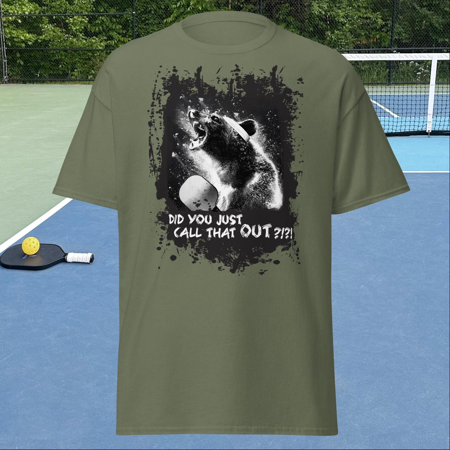 Military Green Pickleball Shirt, Angry Bear graphic on front, Men's Tee