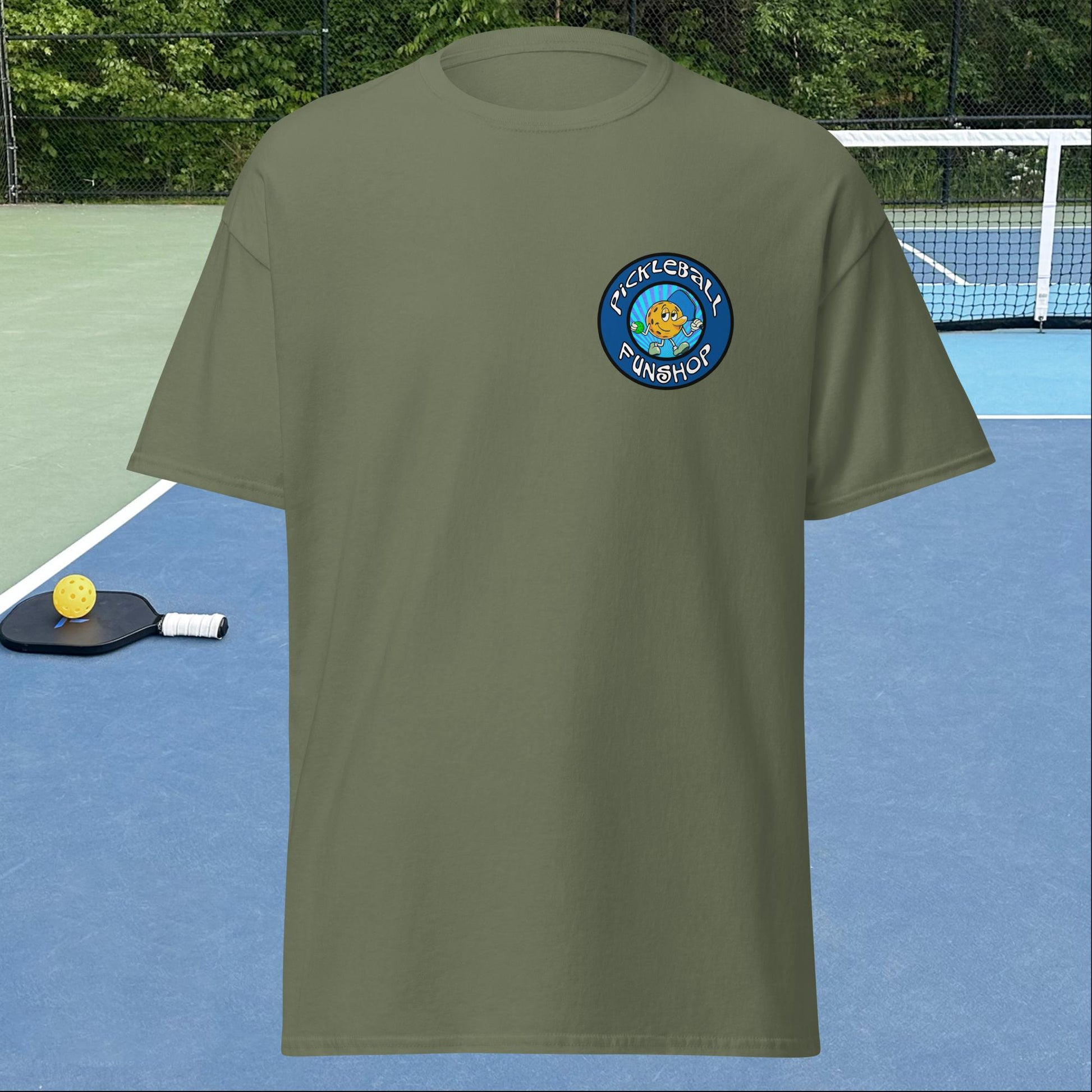 Military Green Pickleball Shirt with Pickleball FunShop Logo on Left Chest, Men's Classic Tee