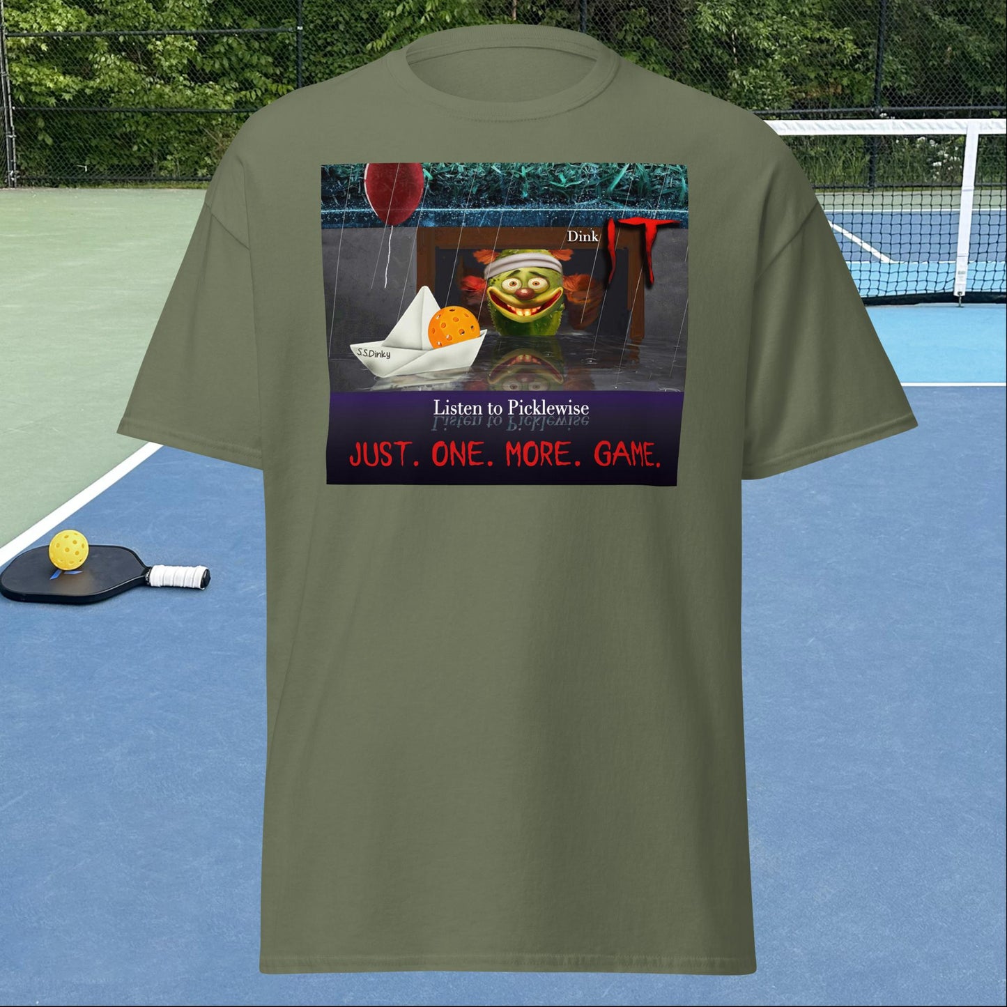 Military Green Pickleball Shirt, Men's Short-Sleeve, Listen to Picklewise, Dink It, Graphic on Front