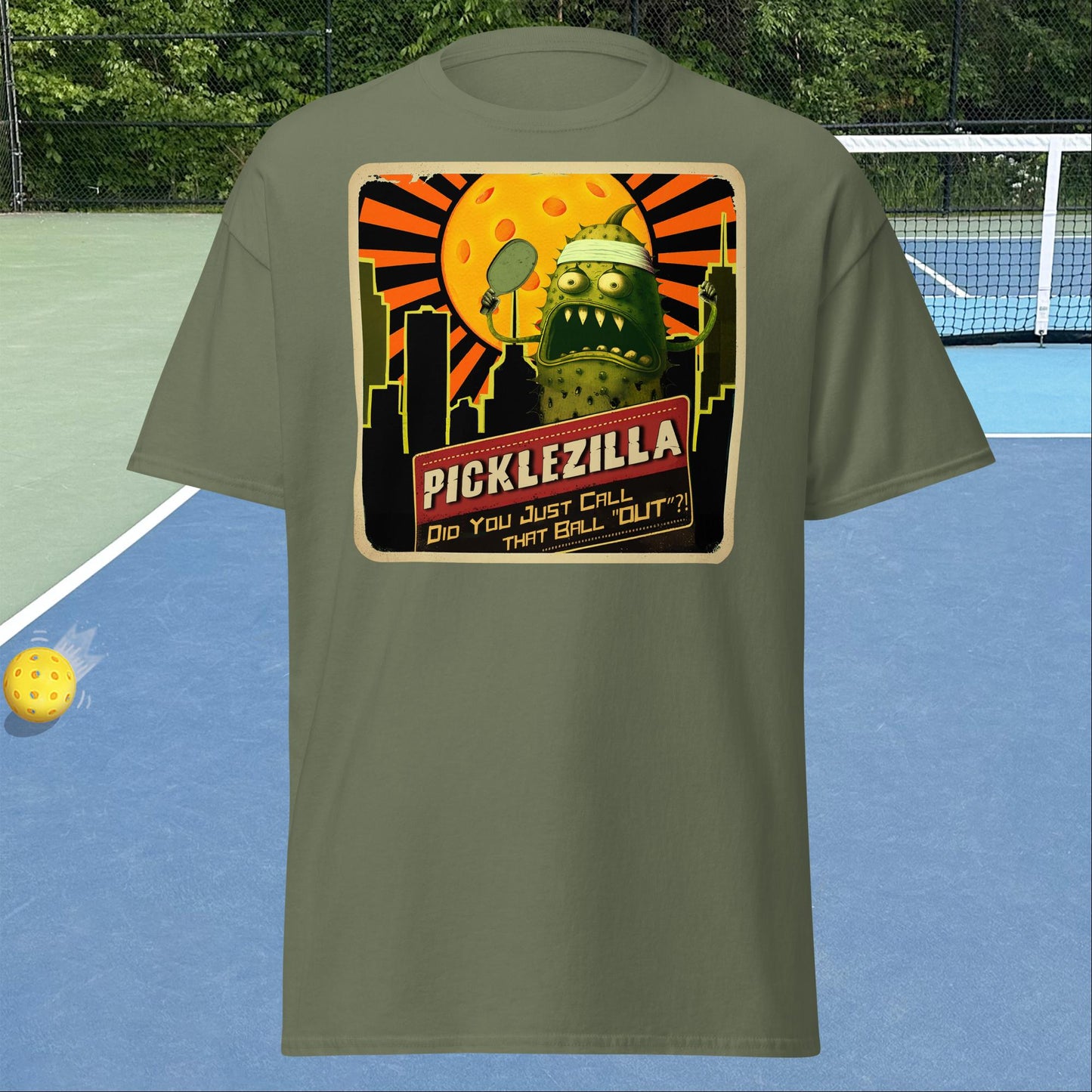 Military Green short-sleeve Men's pickleball shirt with Picklezilla Out call graphic on front