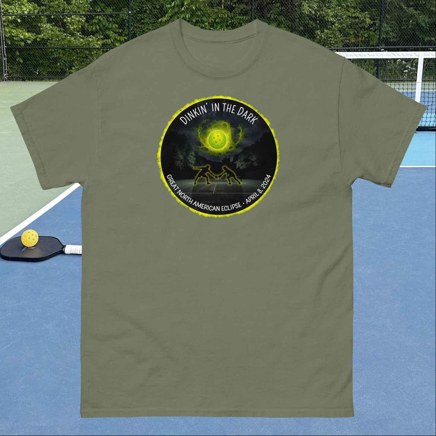 Men's Pickleball T-shirt, Dinkin' In The Dark Eclipse Design, Graphic on Front