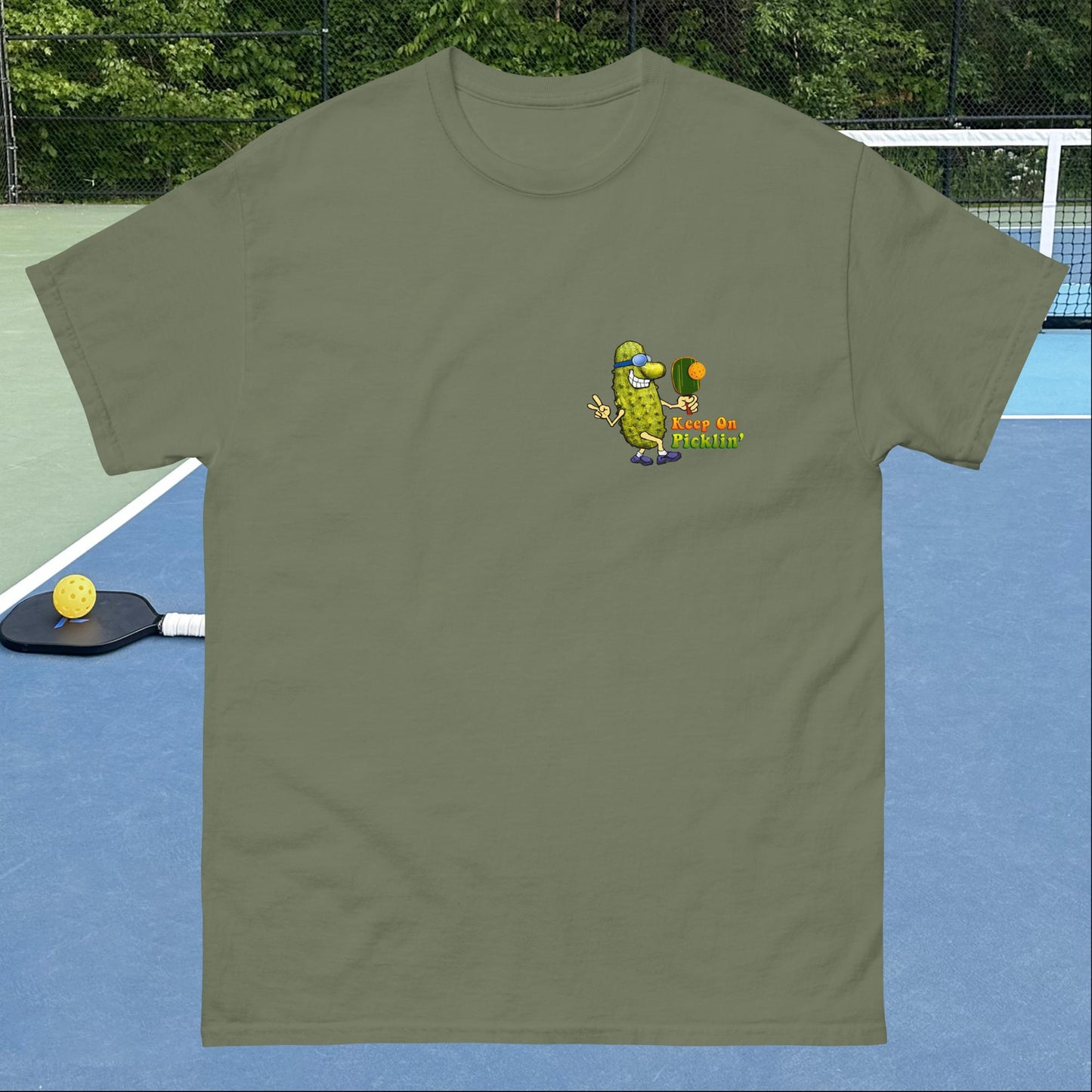 Men's Pickleball T-shirt, Keep On Picklin' Pickledude, Left Chest Graphic, Short-sleeve