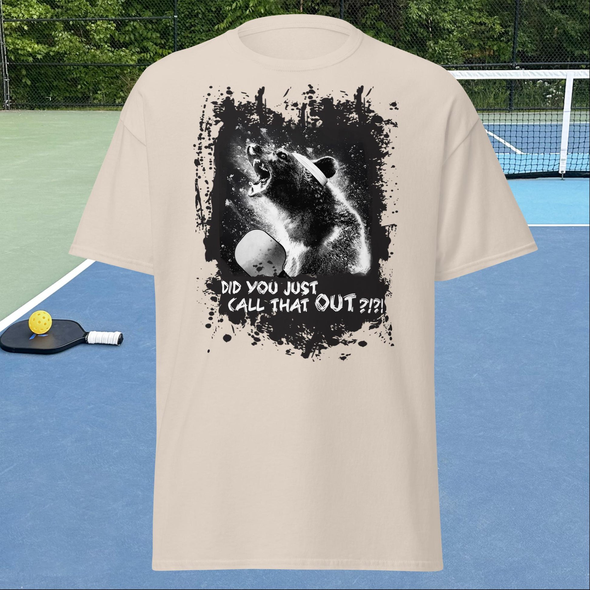 Natural Beige Pickleball Shirt, Angry Bear graphic on front, Men's Tee