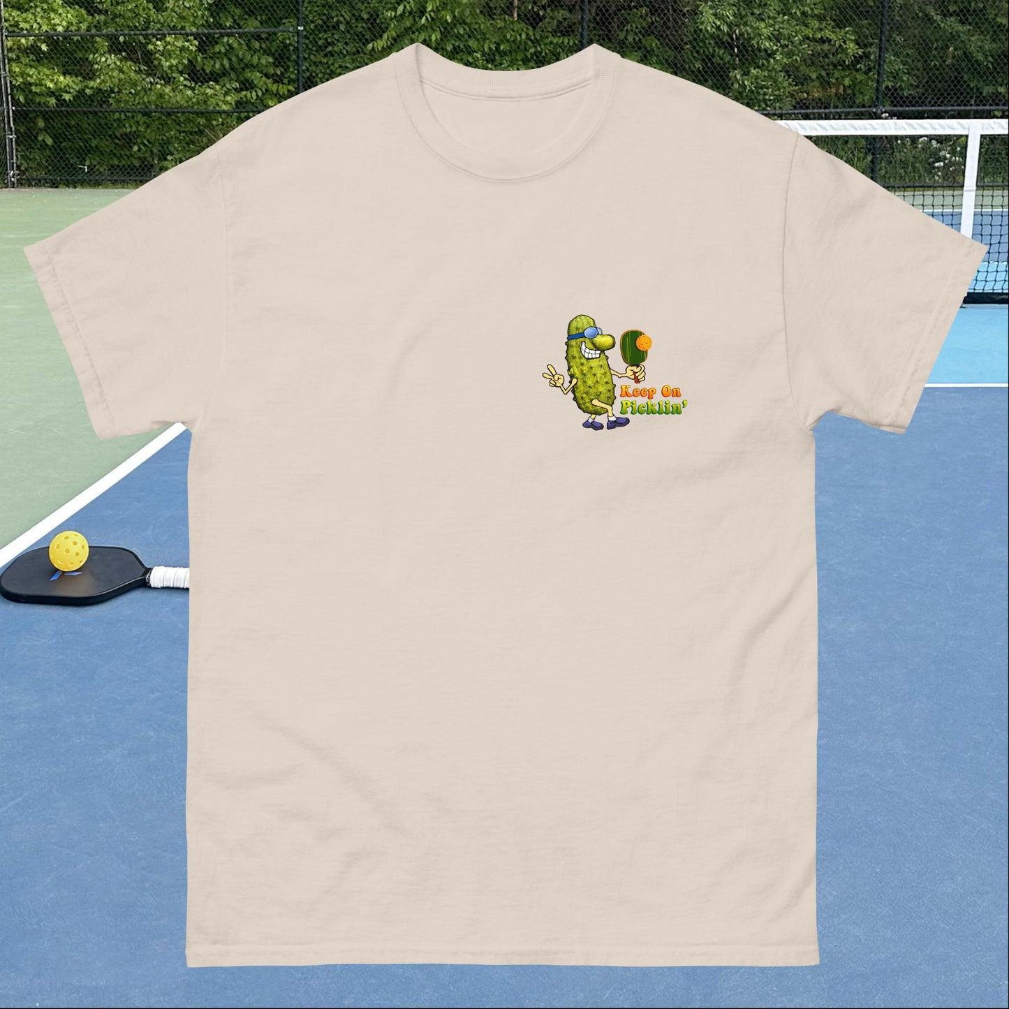 Men's Pickleball T-shirt, Keep On Picklin' Pickledude, Left Chest Graphic, Short-sleeve